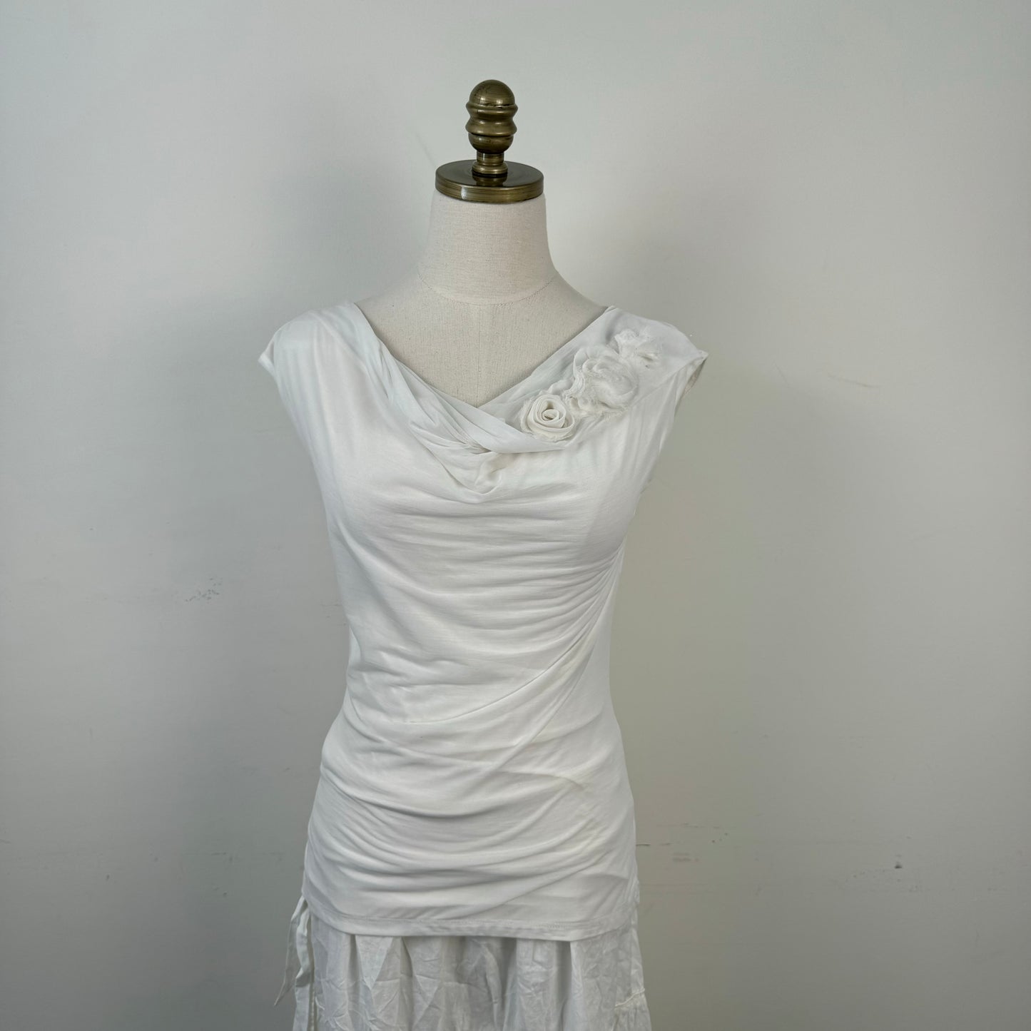 White Floral Chiffon Cowl Neck Top