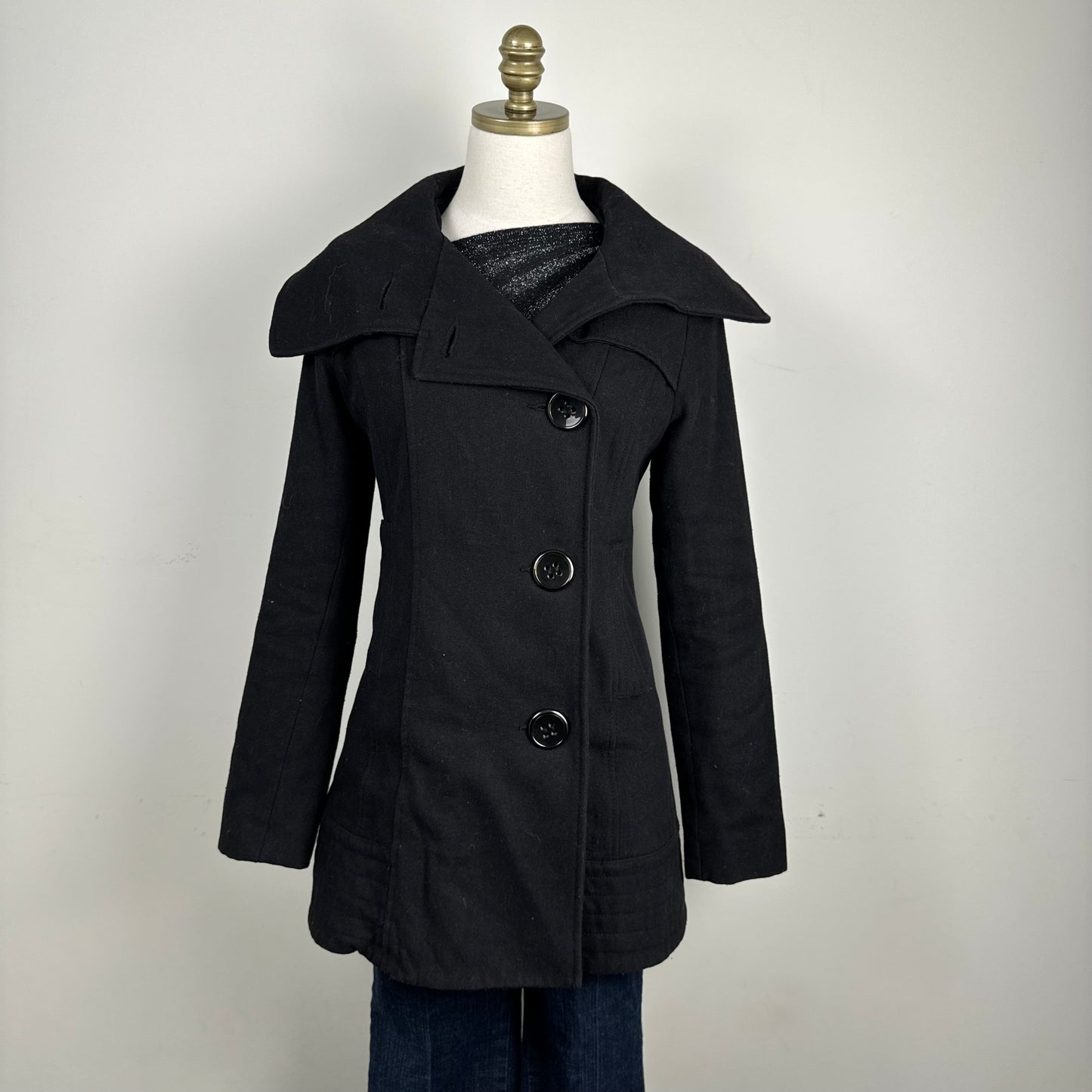 Black Wool Funnel Neck Trench Coat