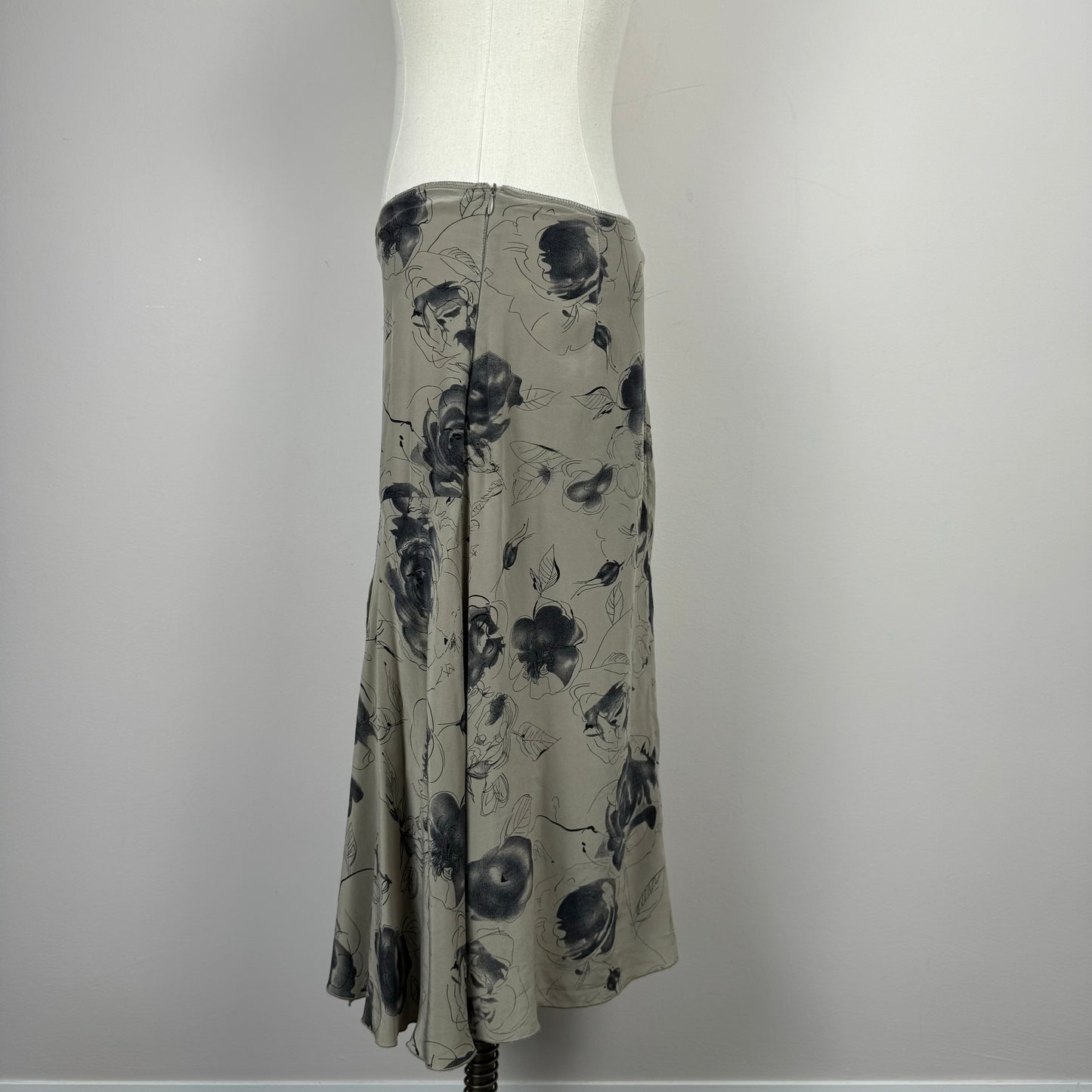 Floral Print Mesh Overlay Silk Midi Skirt