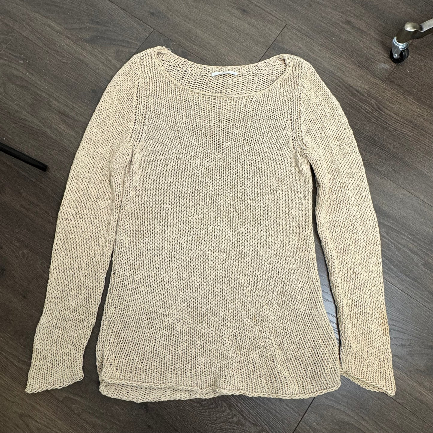 Beige Off Shoulder Loose Knit Crochet Sweater