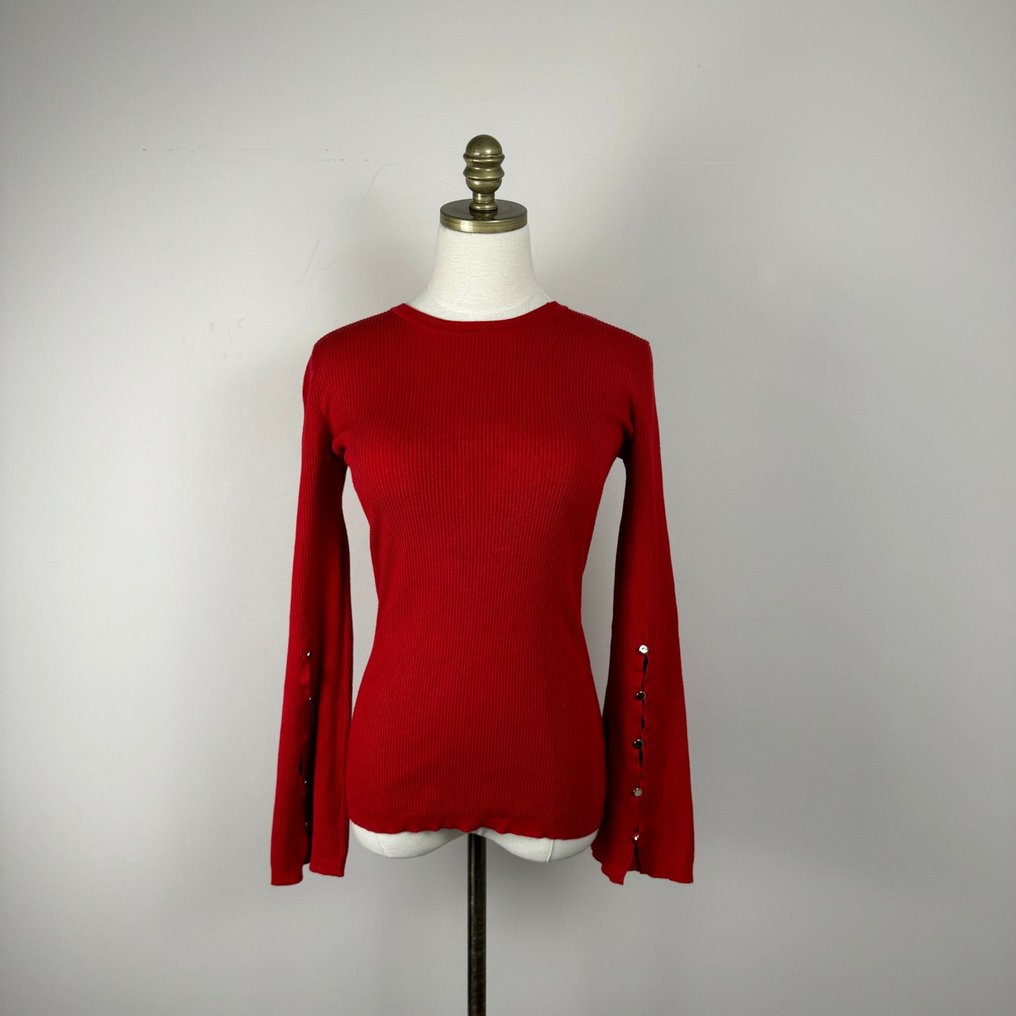 Red Fitted Ribbed Sweater with Bell Sleeves