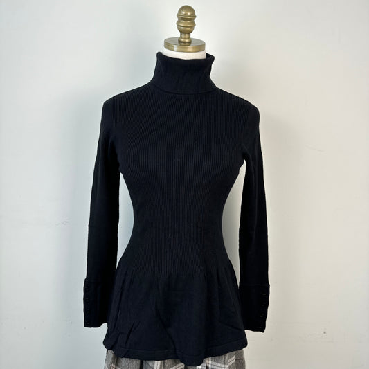 Vintage Black Fitted Turtleneck Sweater with Flared Hem