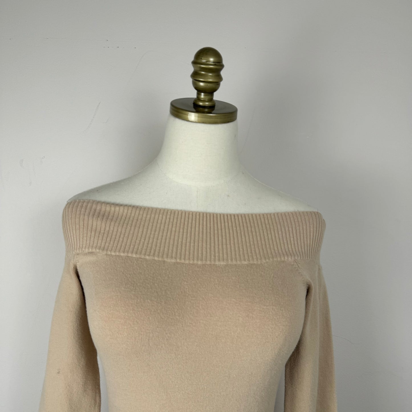 Beige Off Shoulder / Boat Neck Knit Sweater