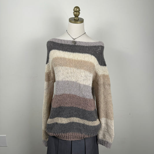 Off Shoulder Soft Knit Striped Knit Sweater