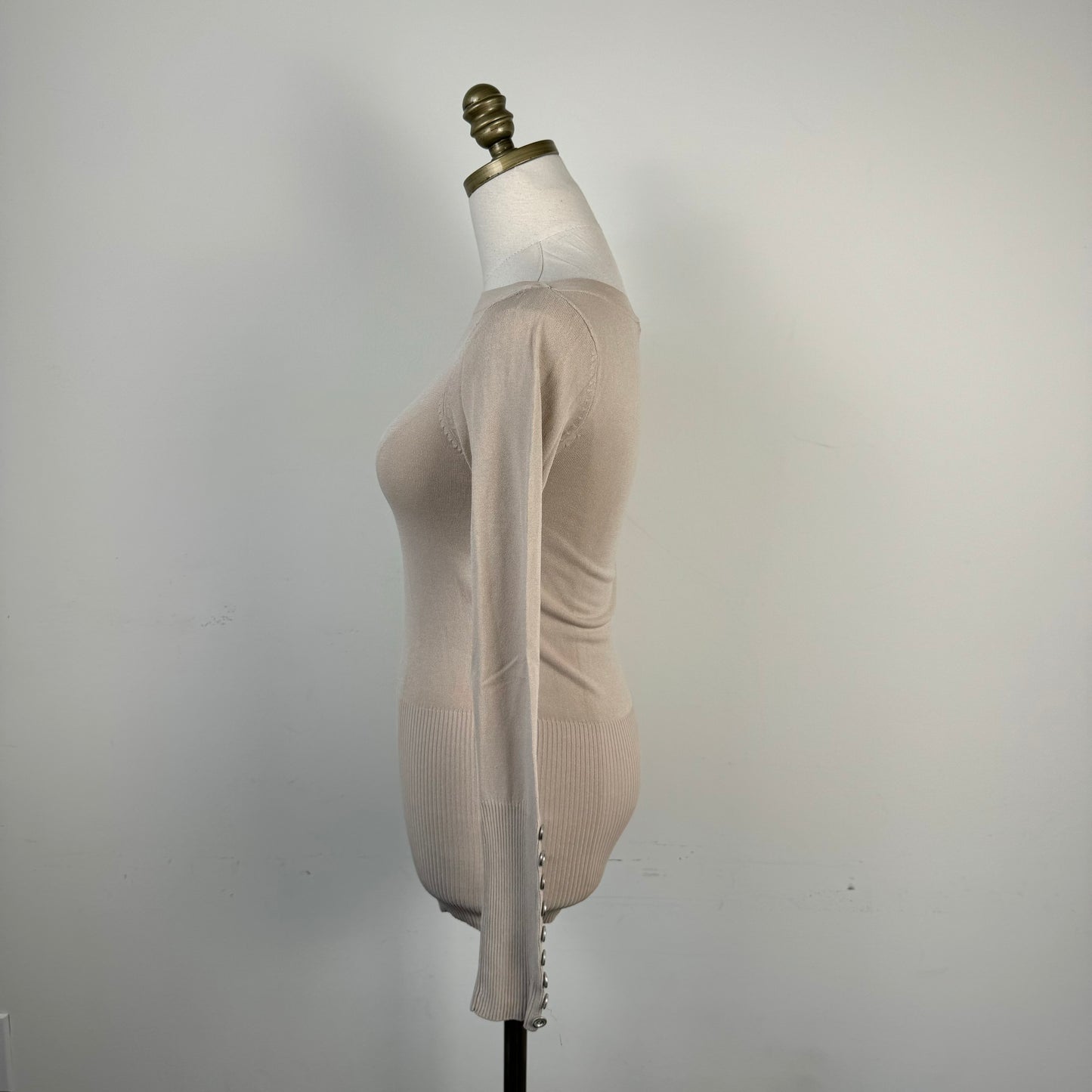 Beige Boat Neck Fitted Long Sleeve Knit Top