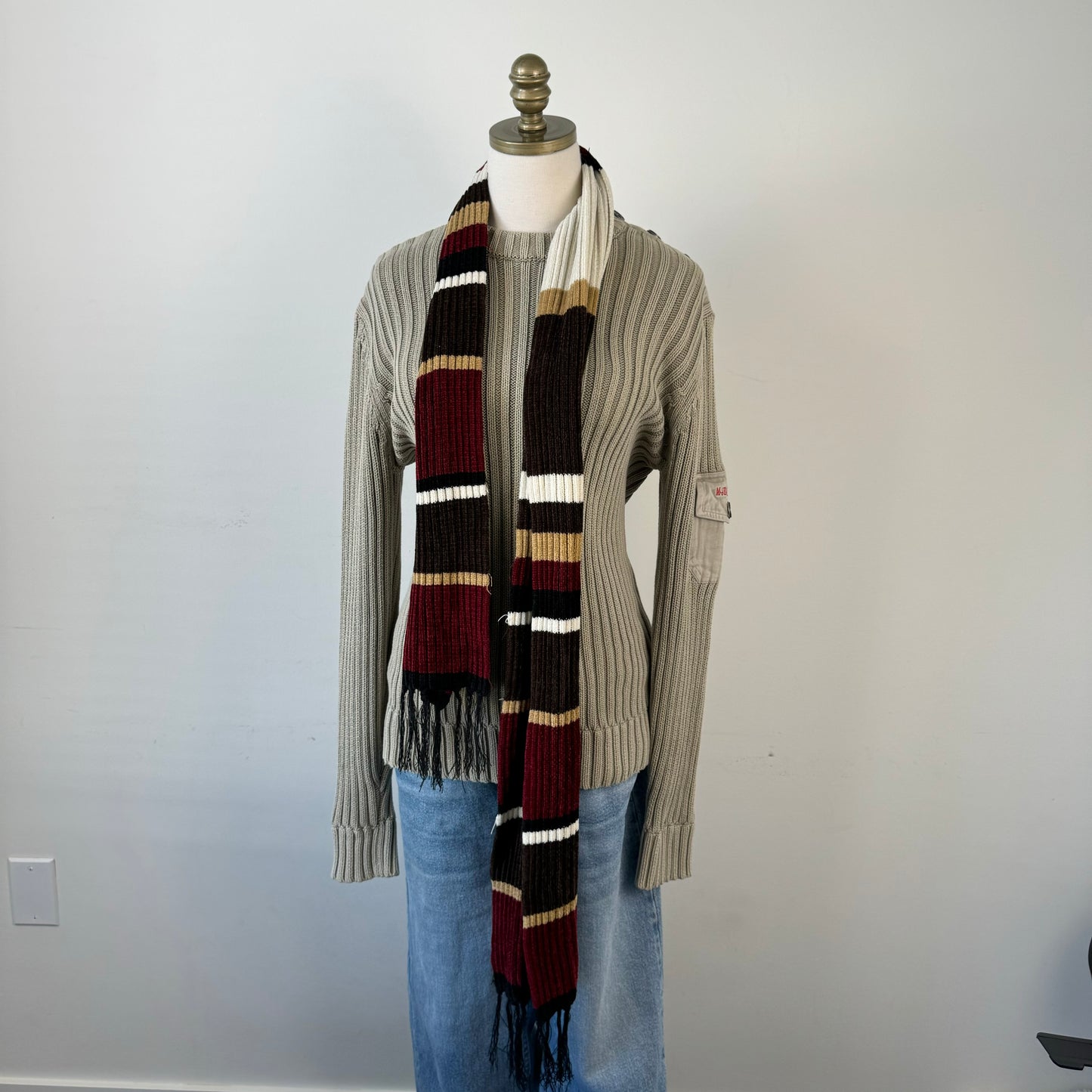 Red, Cream, Brown Striped Knit Scarf