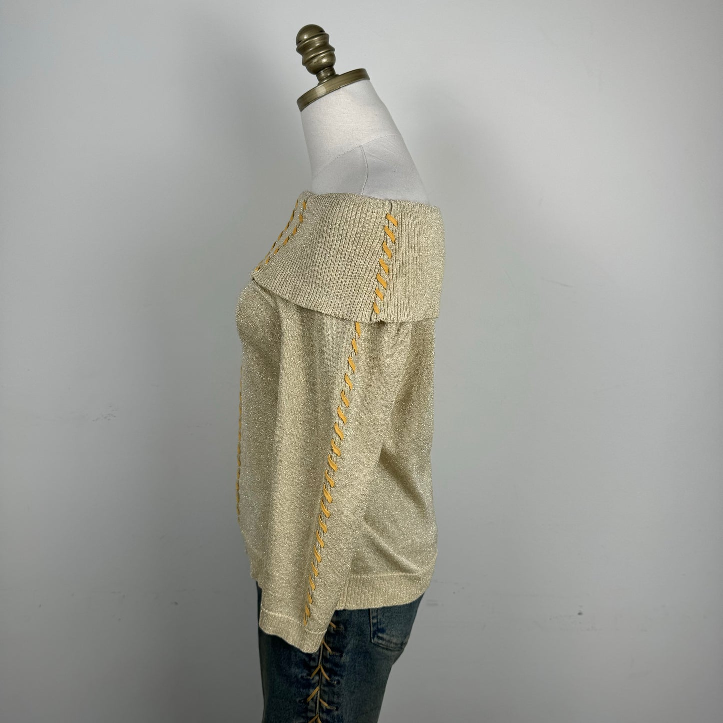 Gold-Beige Off Shoulder Lace Up Sweater