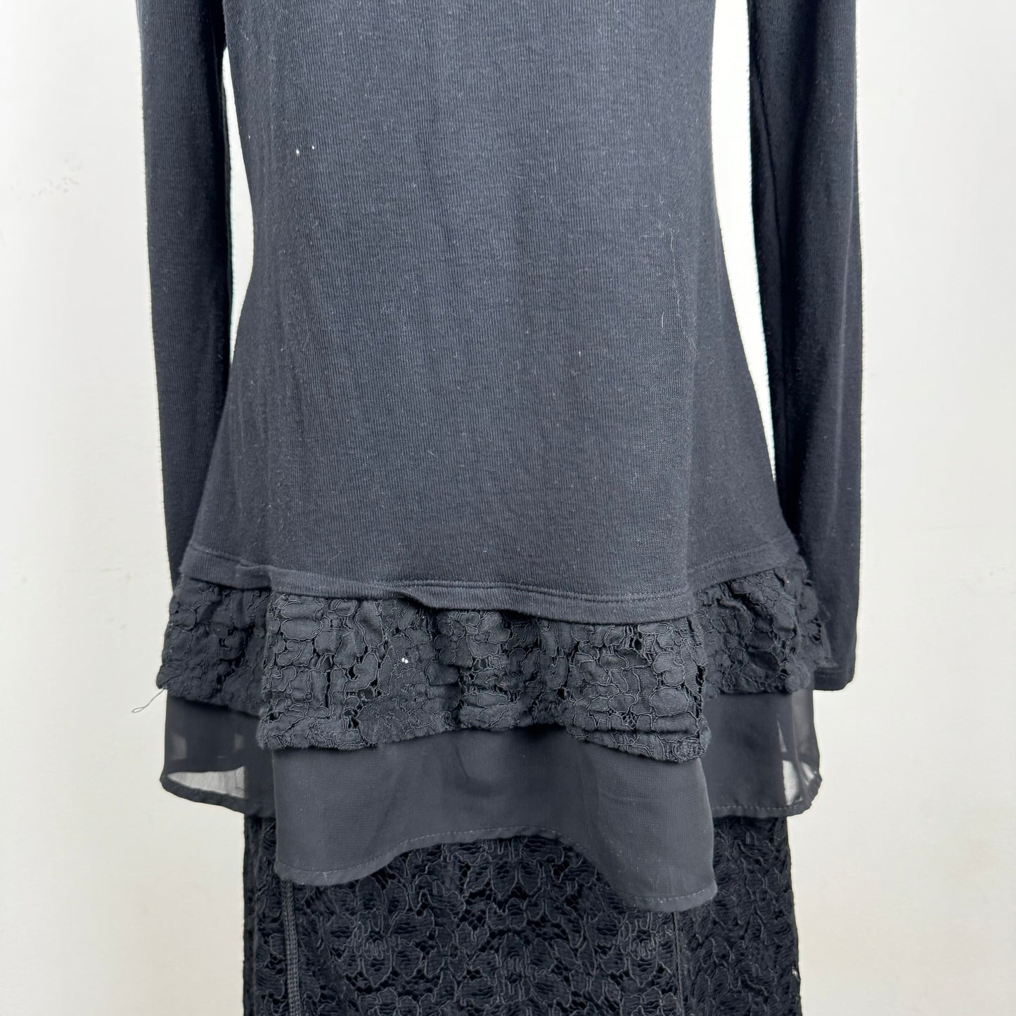 Black Ruffle Lace Hem Long Sleeve Top