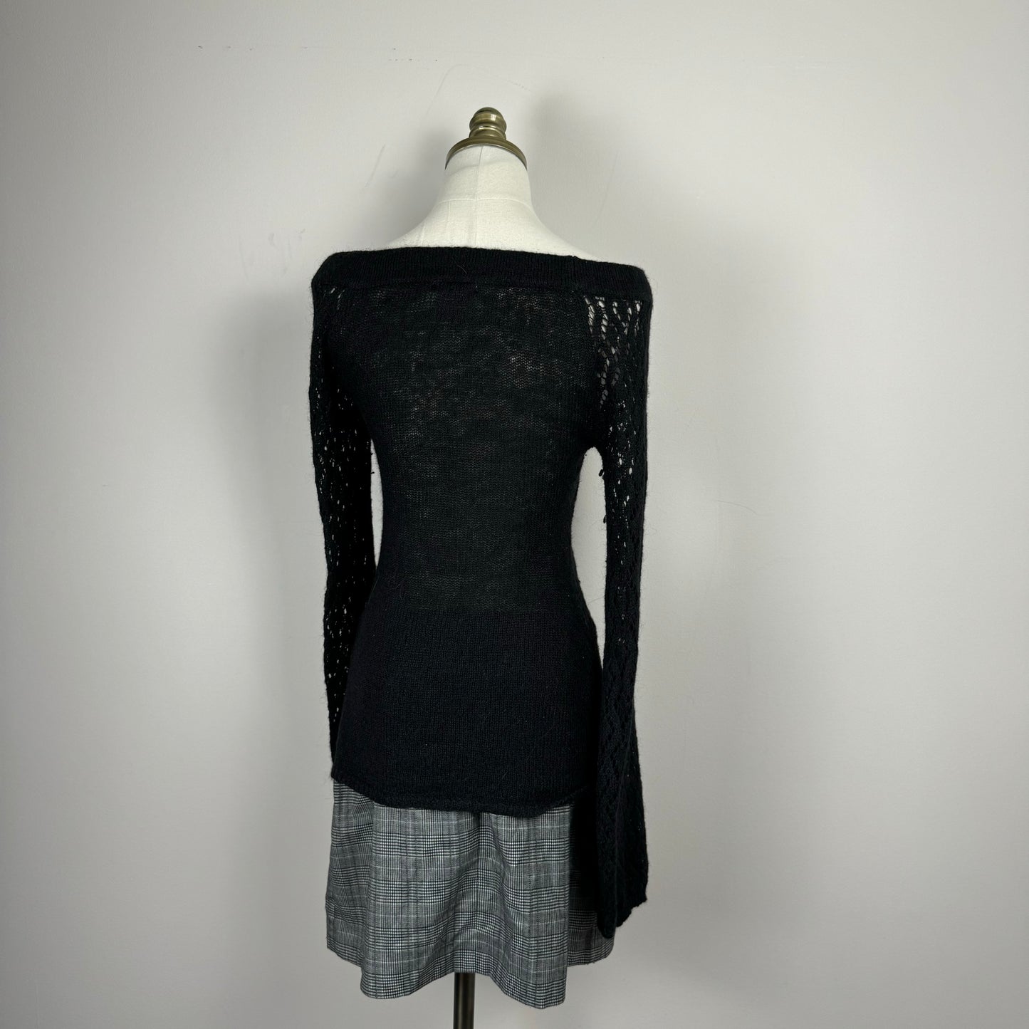 Vintage Black Off Shoulder Open Knit Sweater