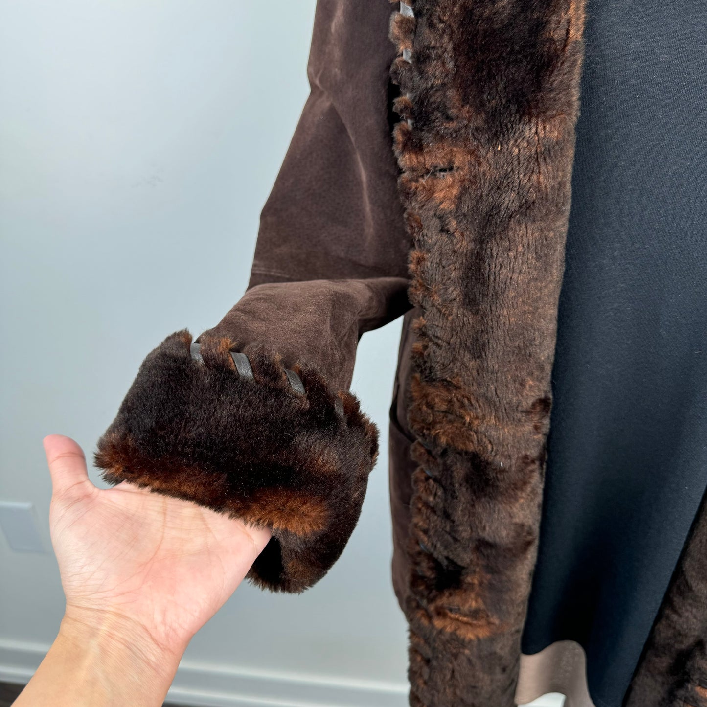 Vintage Brown Genuine Suede Leather Fur Trim Coat