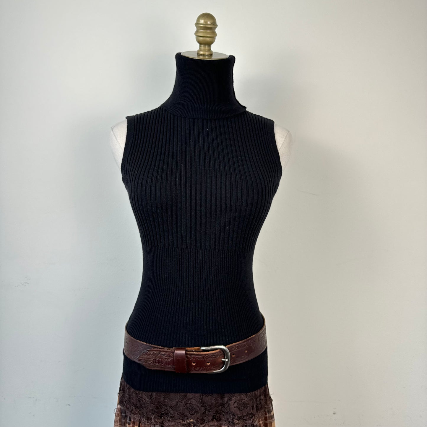 Black Sleeveless Turtleneck Knit Top