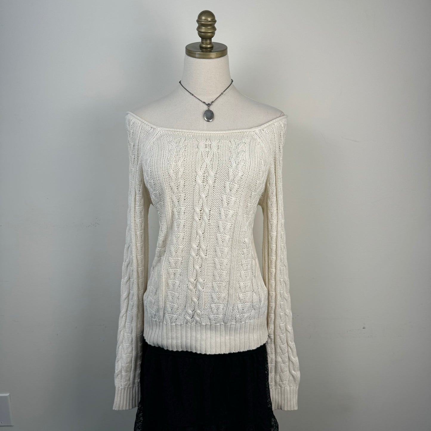 Cream Boat Neck Cable Knit Sweater