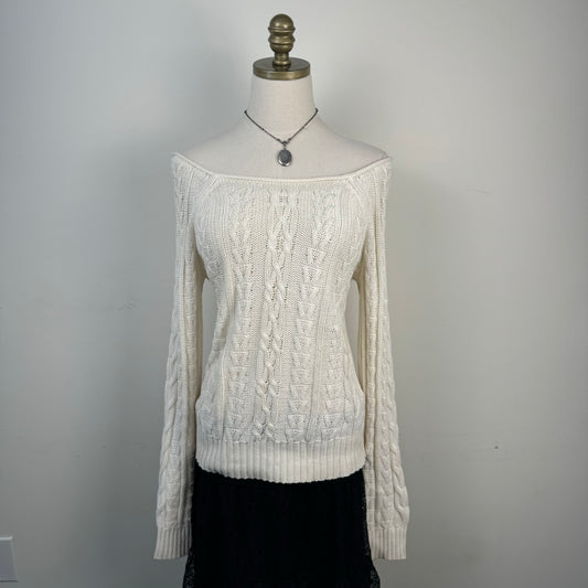 Cream Boat Neck Cable Knit Sweater