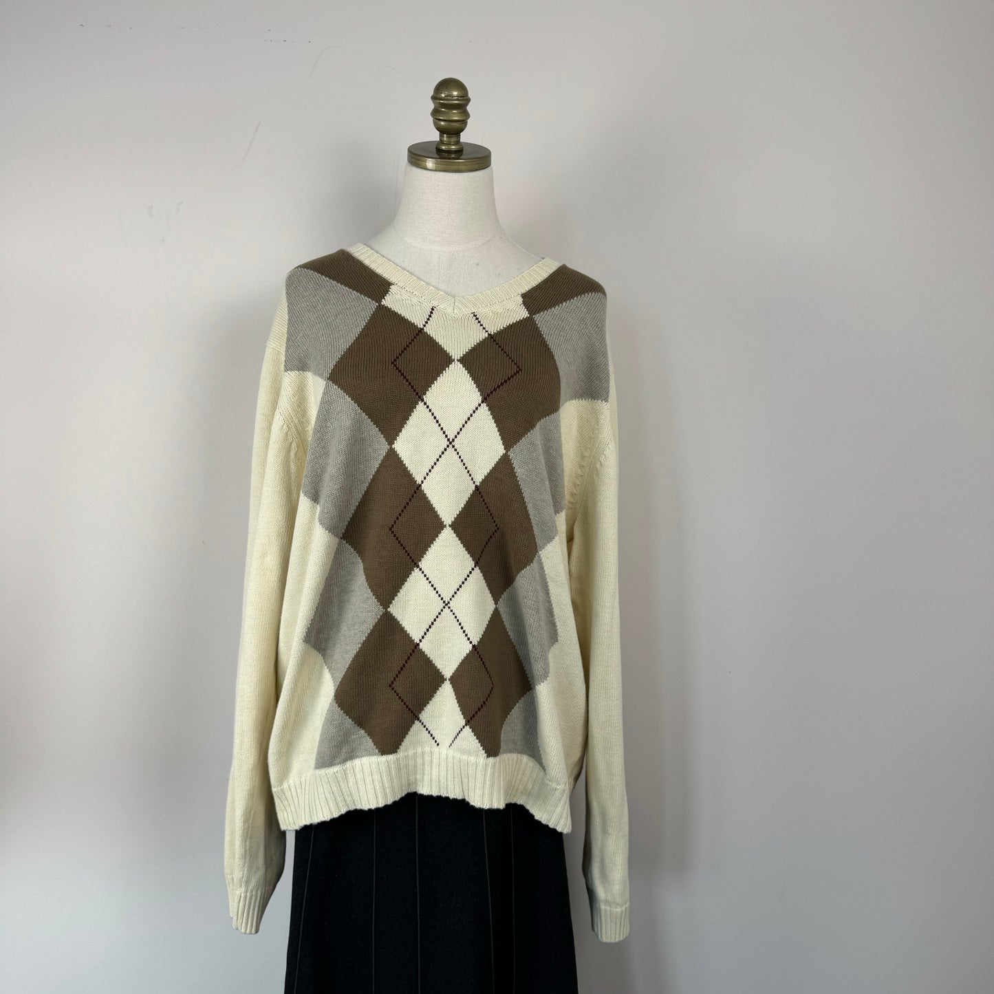 Vintage Cream Argyle Oversized Sweater