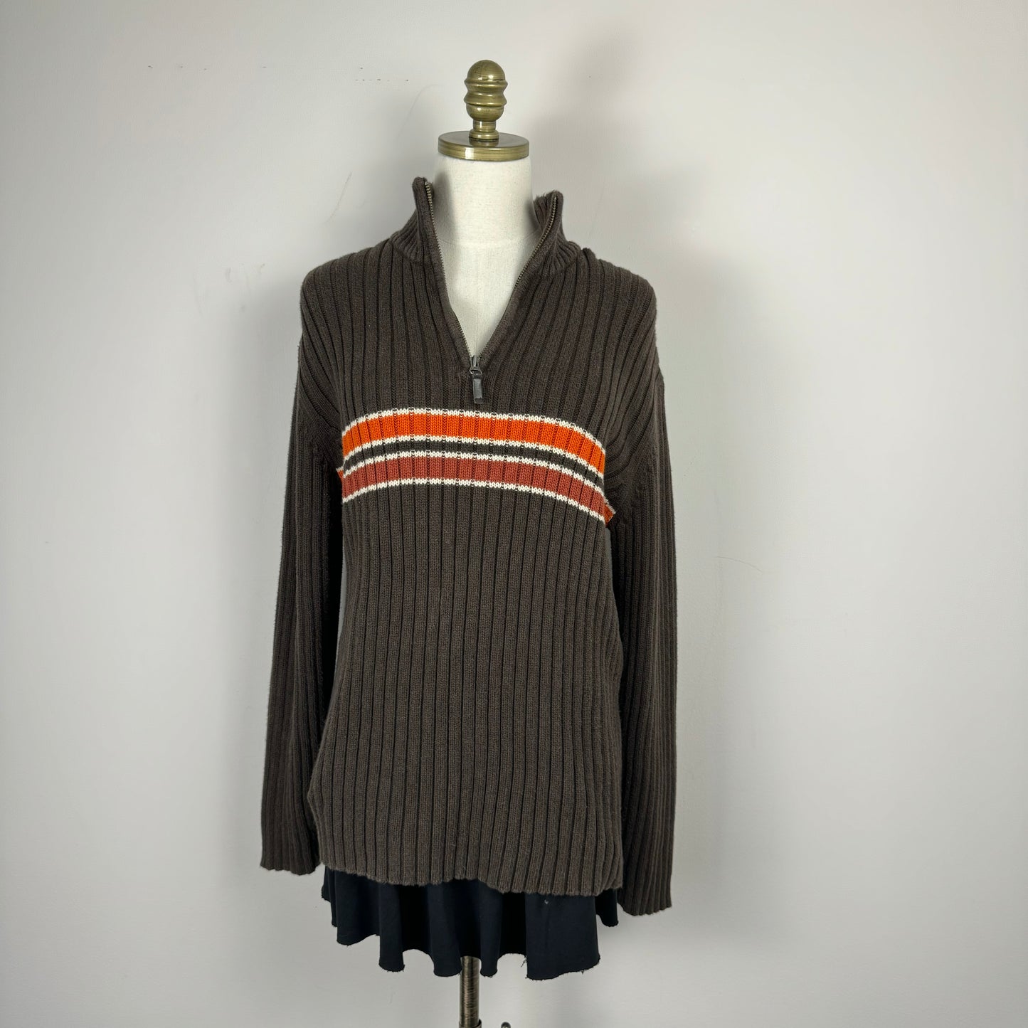 Brown Ribbed Quarter Zip Sweater