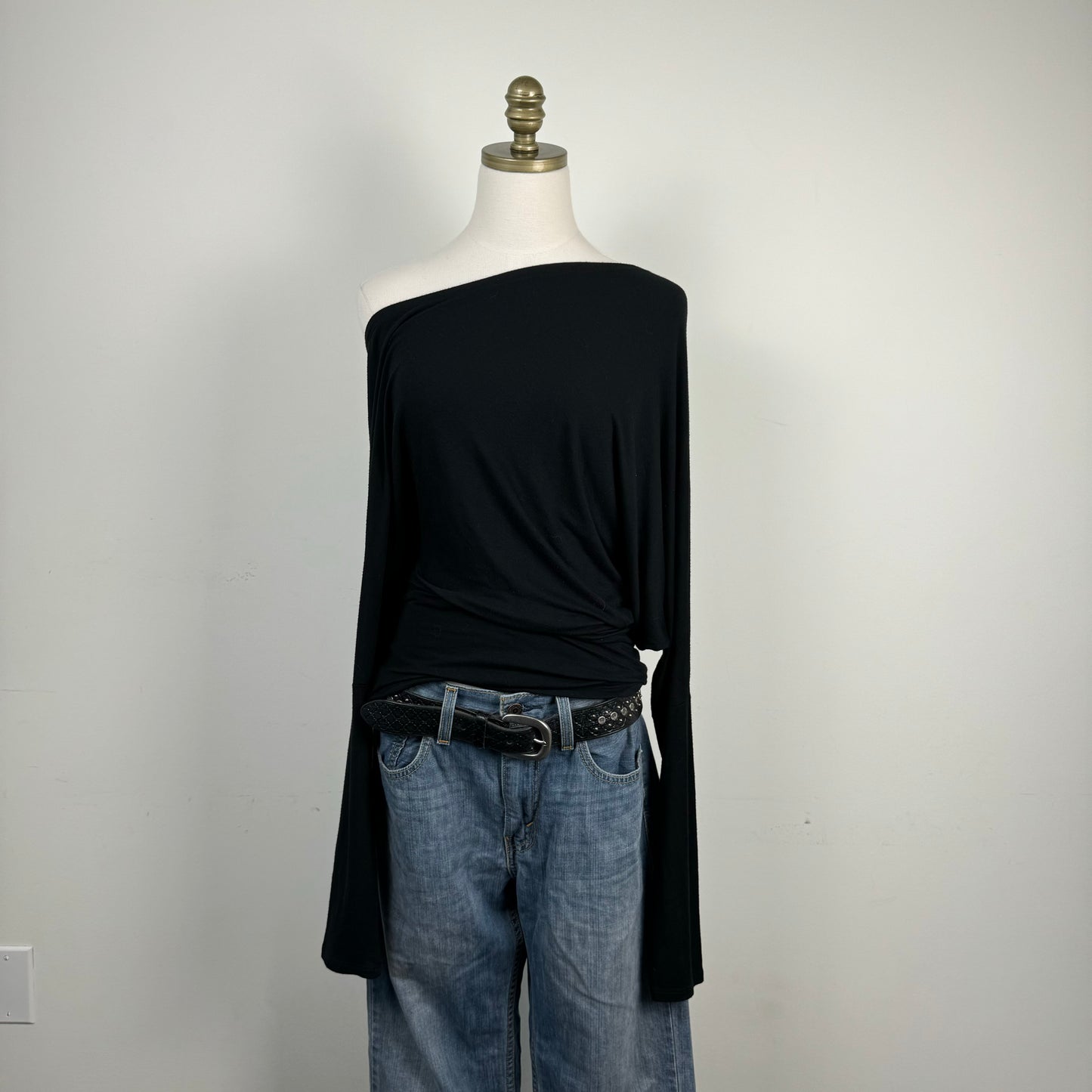 Black Asymmetric Draped Off Shoulder Long Sleeve Top