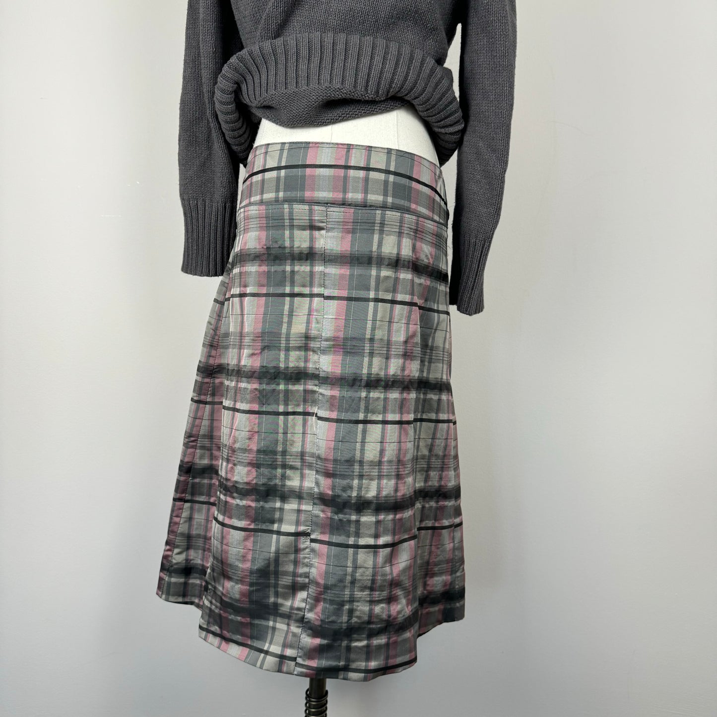 Grey and Pink Coquette Plaid Midi Skirt