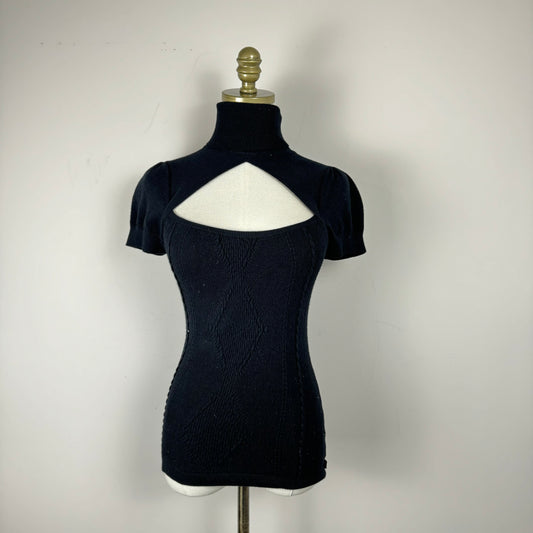 Vintage Black Knit Short Sleeve Turtleneck Top