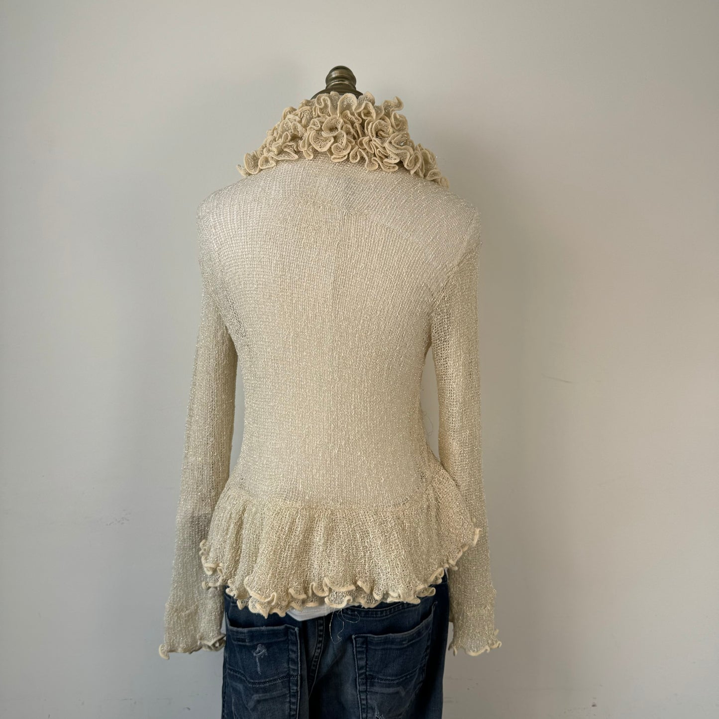 Cream Open Front Tie Up Ruffled Cardigan