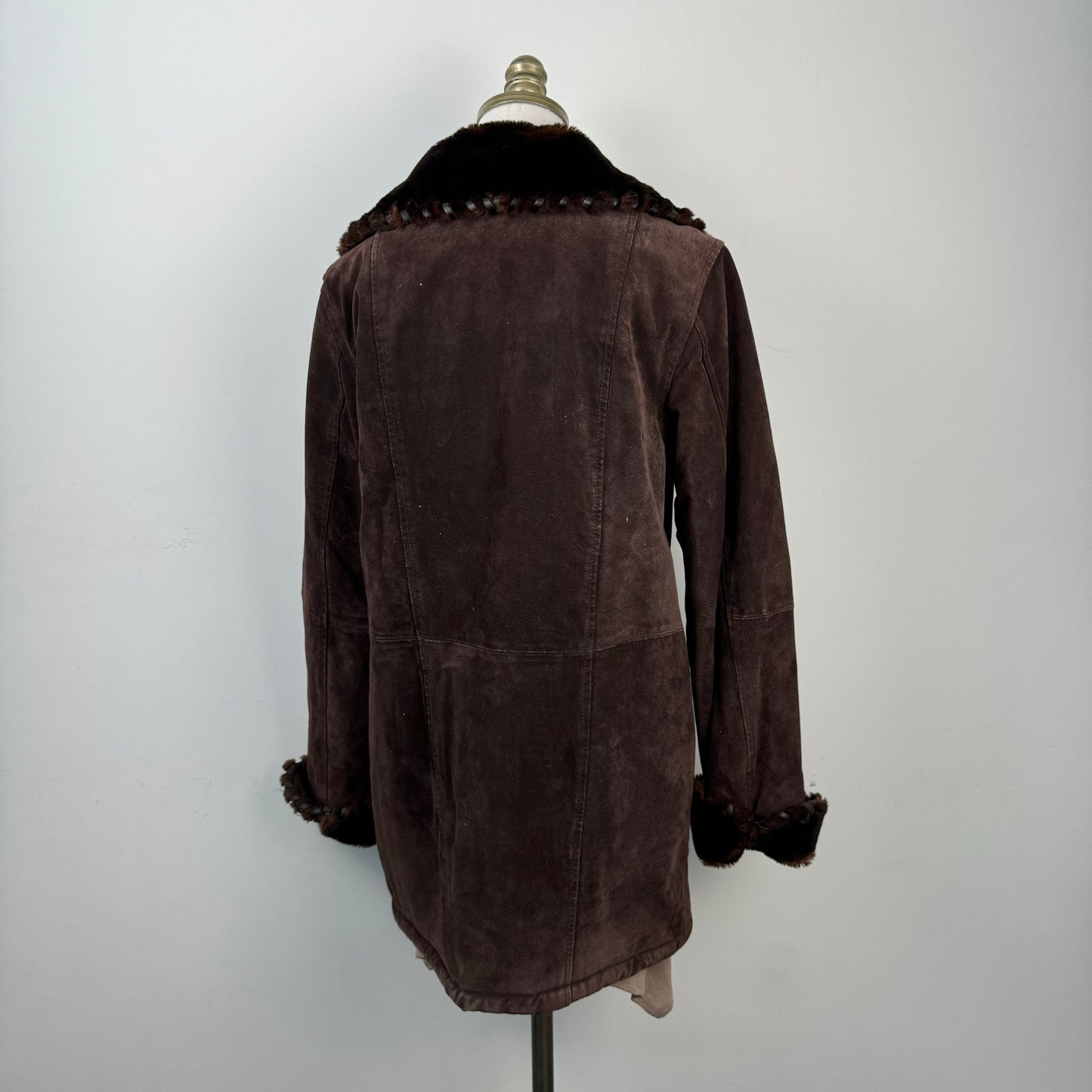 Vintage Brown Genuine Suede Leather Fur Trim Coat