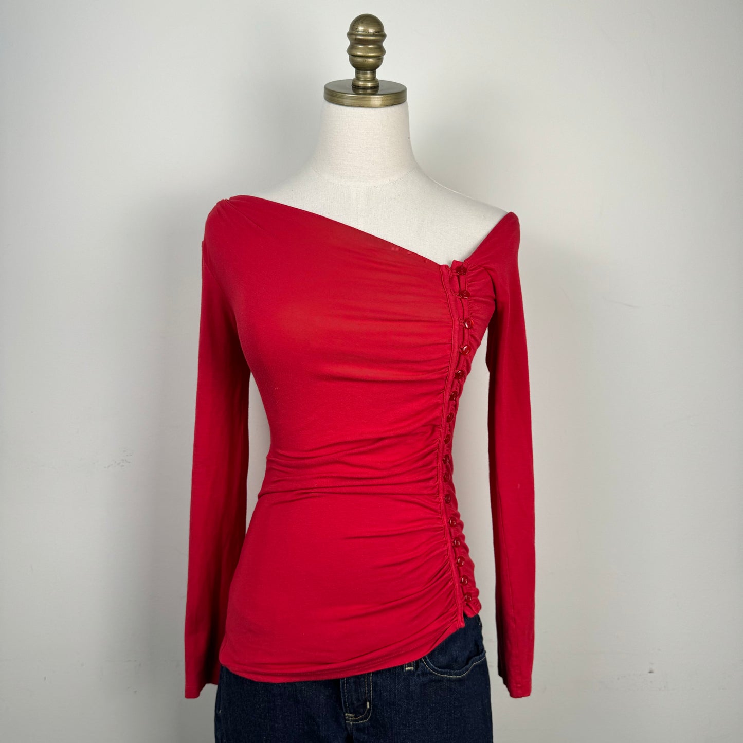Asymmetric Fitted Red Long Sleeve Top