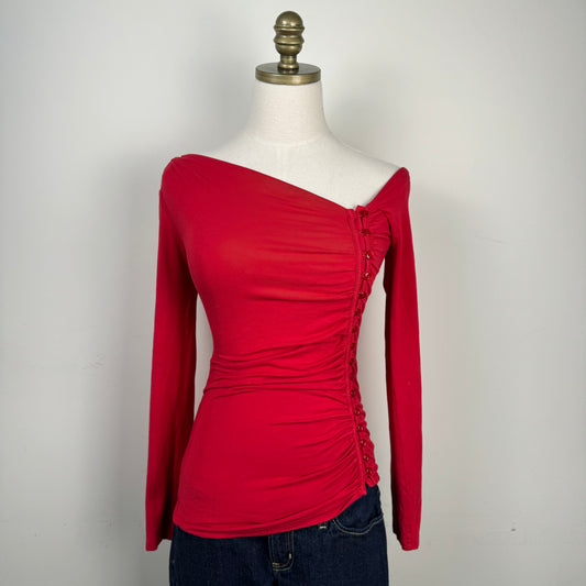 Asymmetric Fitted Red Long Sleeve Top