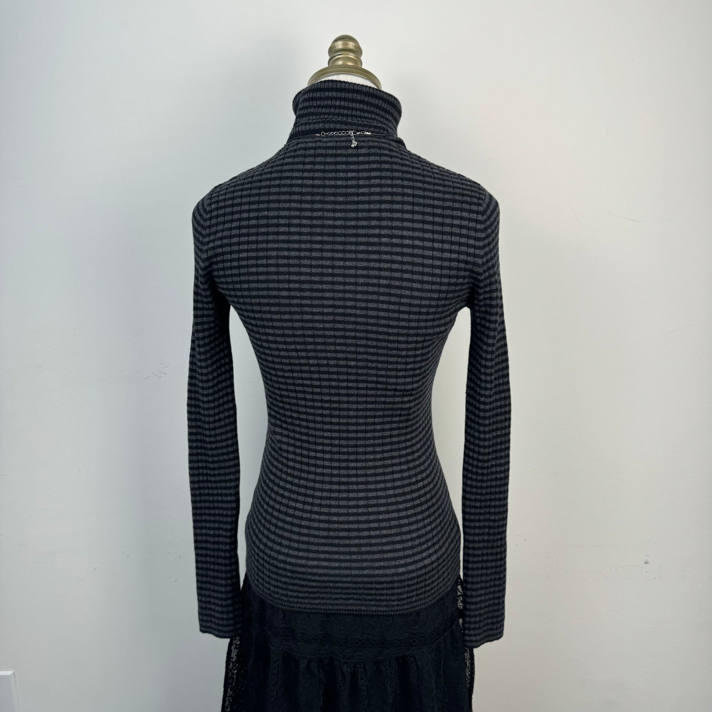 Black and Grey Striped Fitted Turtleneck Sweater