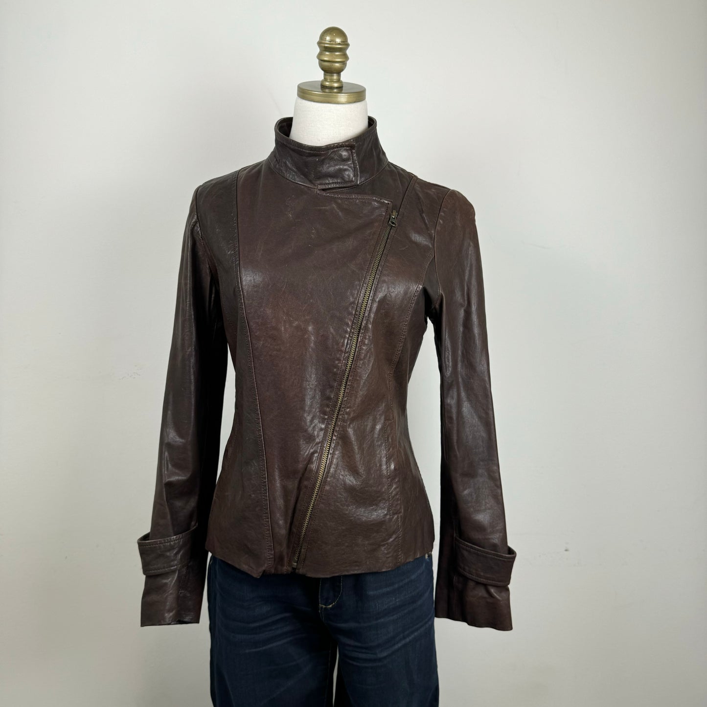 Brown Asymmetric Fitted Moto Genuine Leather Jacket