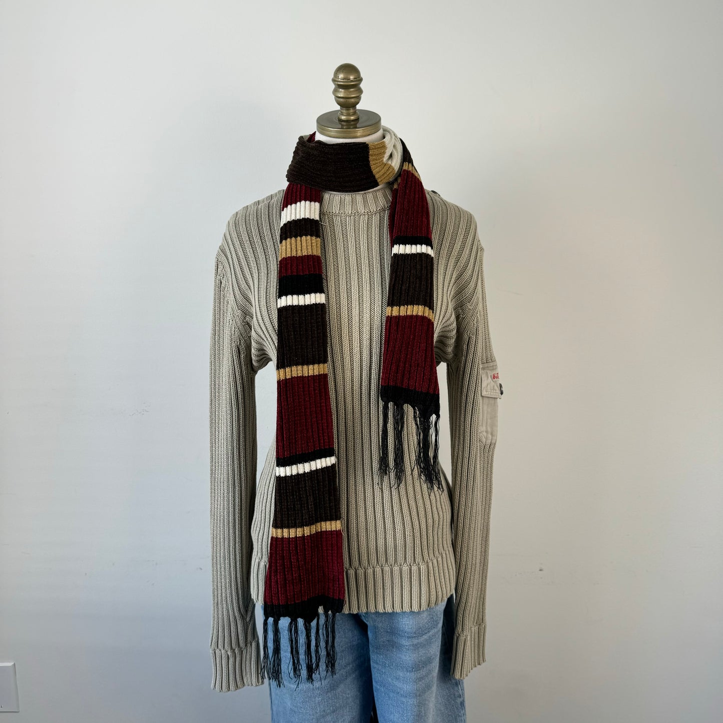 Red, Cream, Brown Striped Knit Scarf