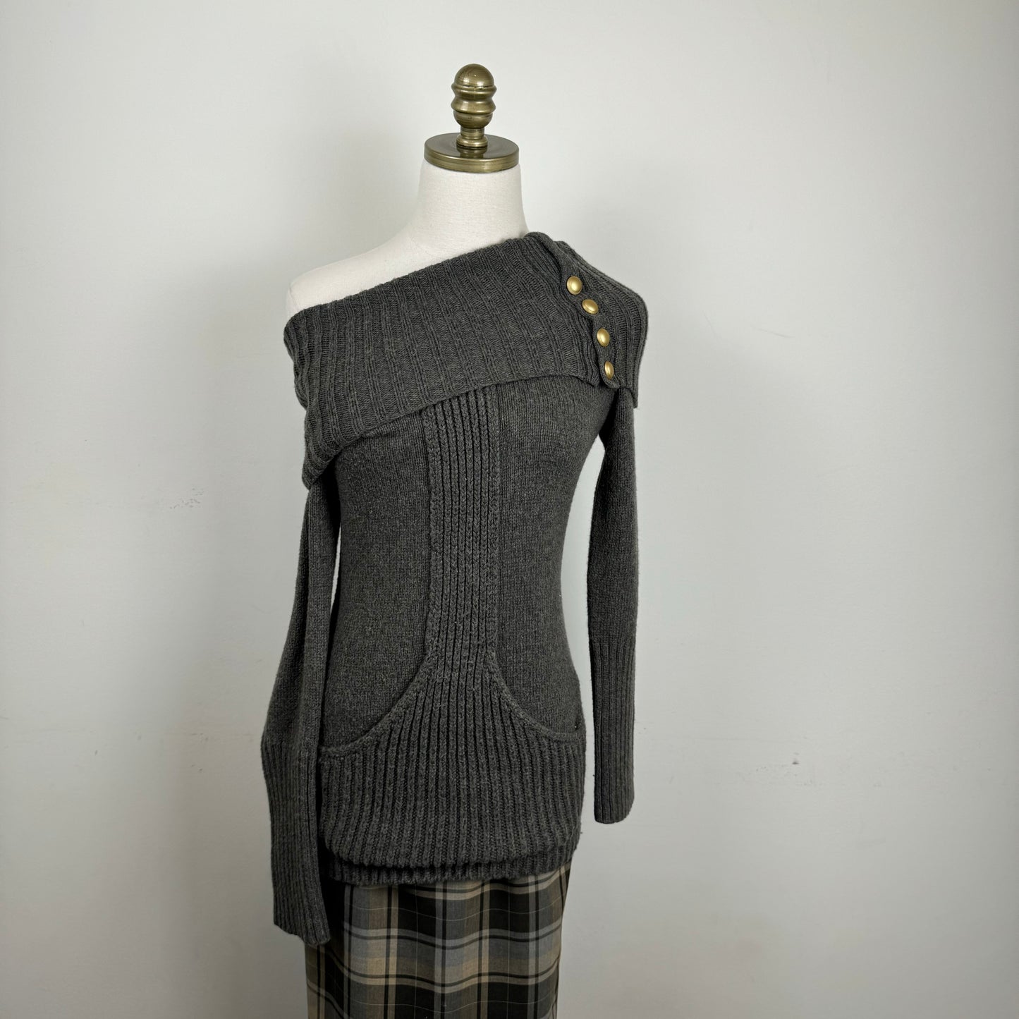 Grey Off Shoulder Gold Button Sweater