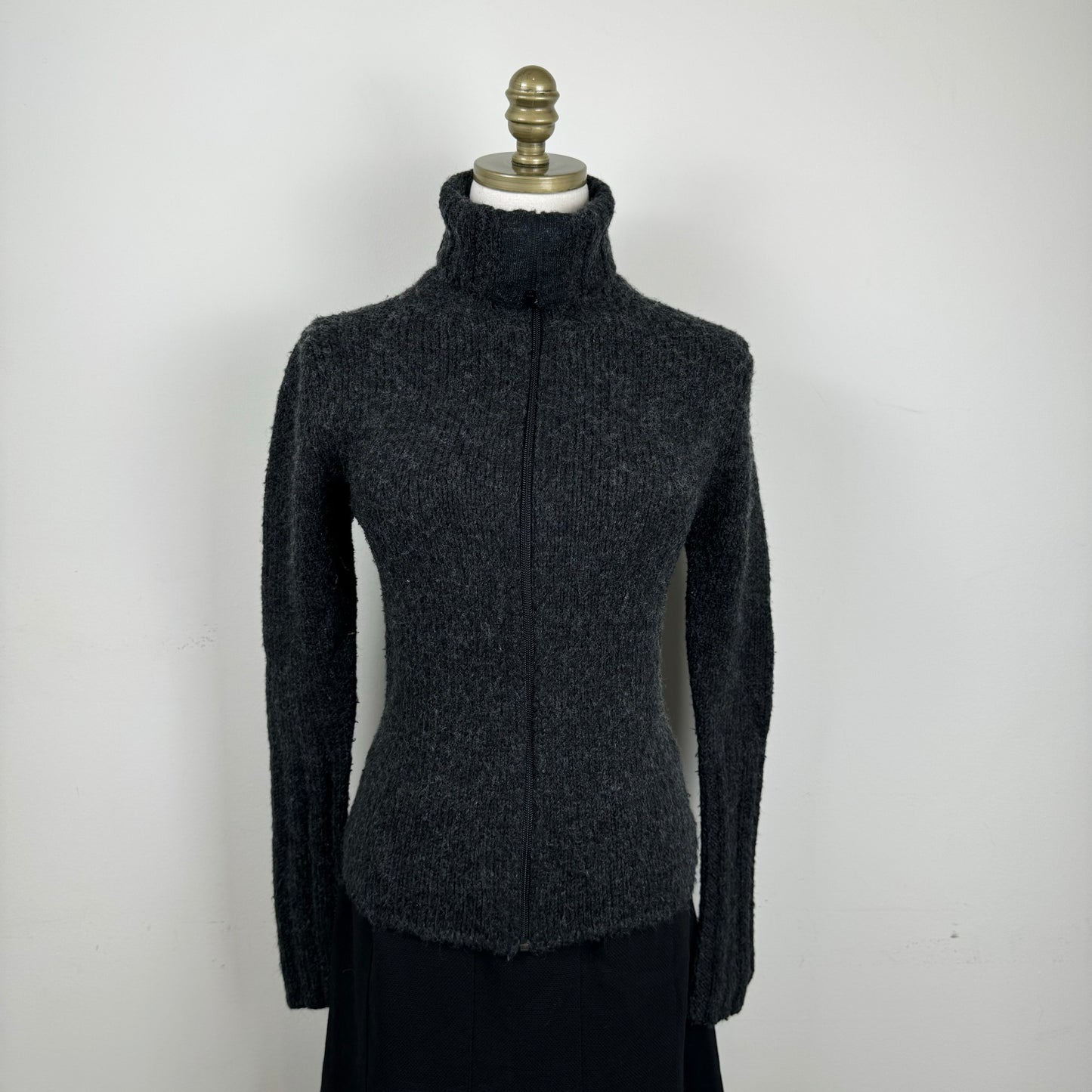 Dark Grey Zip Up Fold Over Collar / Turtleneck Sweater