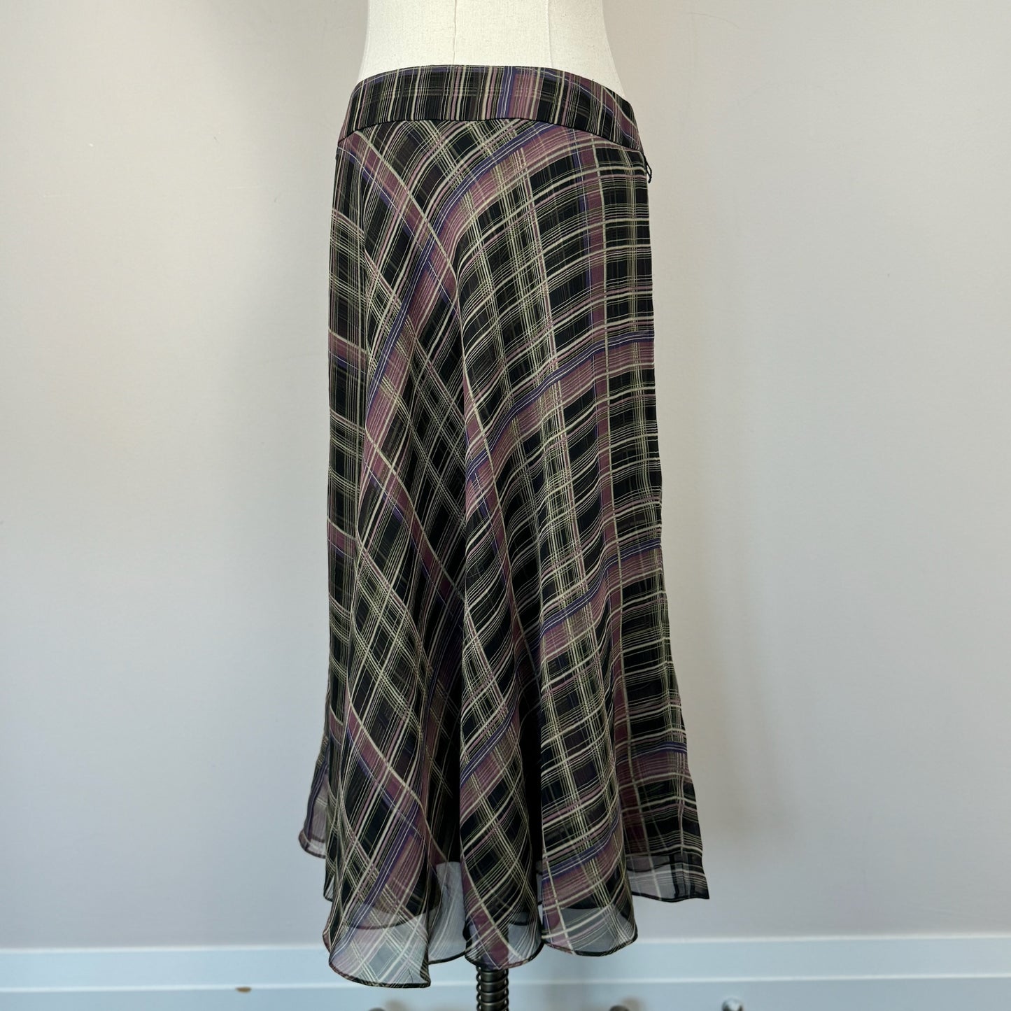 Vintage Plaid Chiffon Midi Skirt