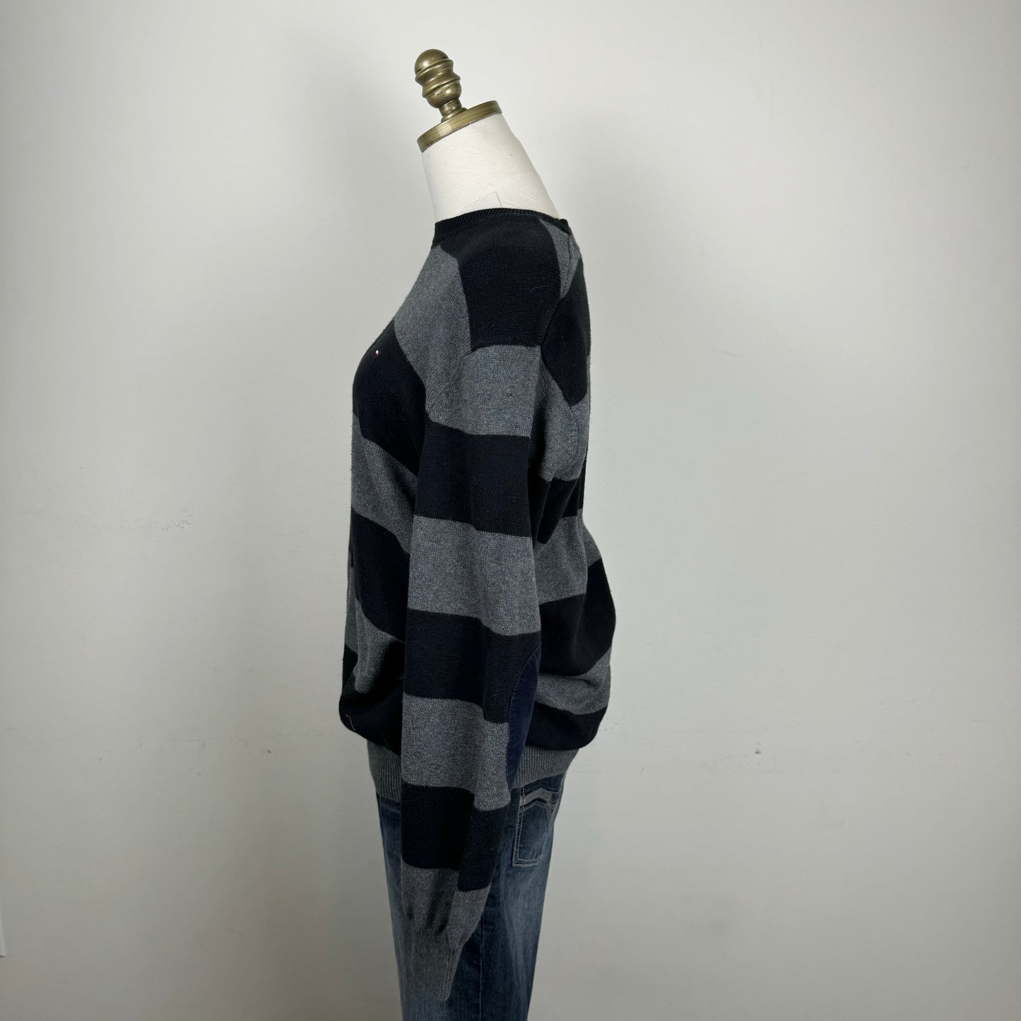 Tommy Black and Grey Striped Crewneck Sweater