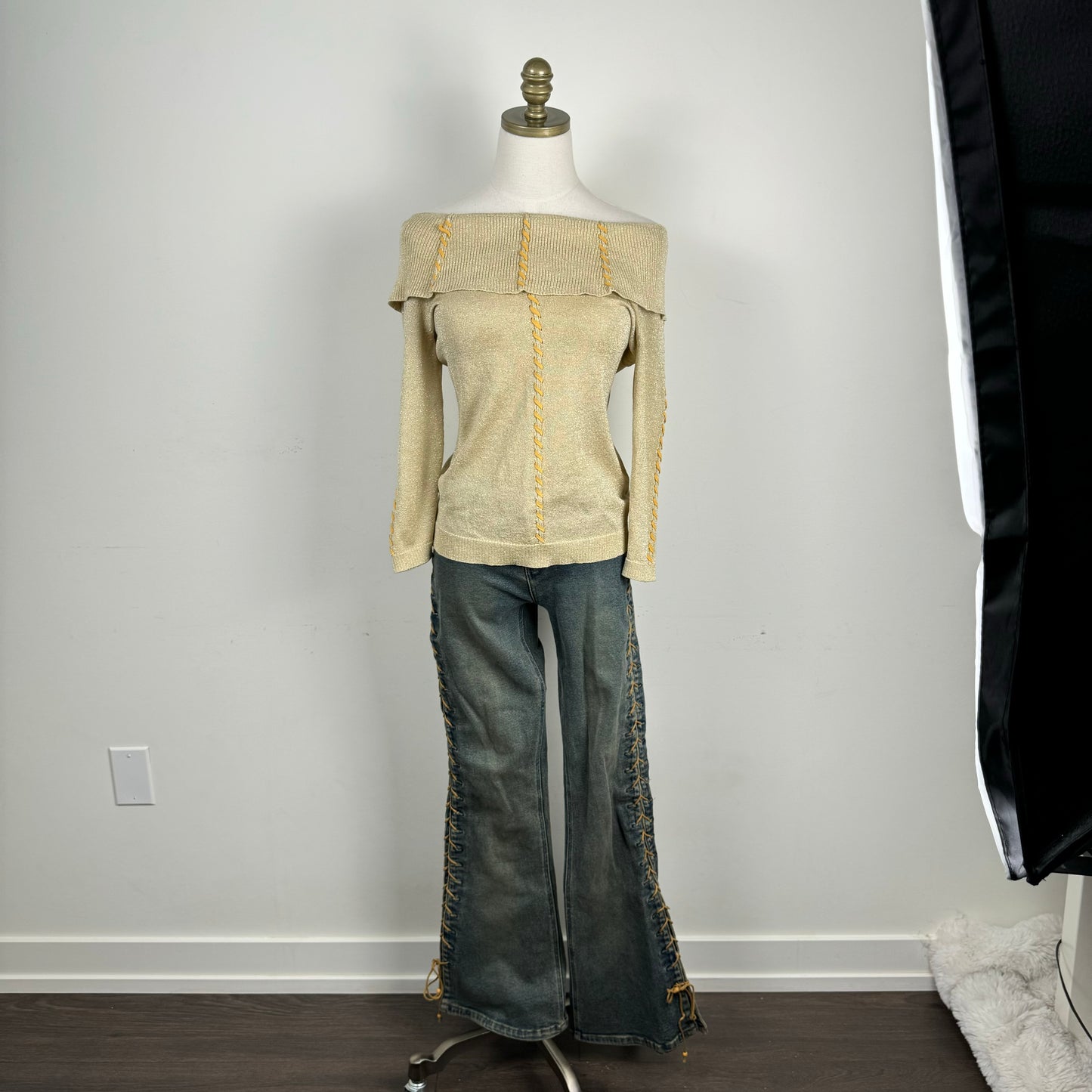 Gold-Beige Off Shoulder Lace Up Sweater