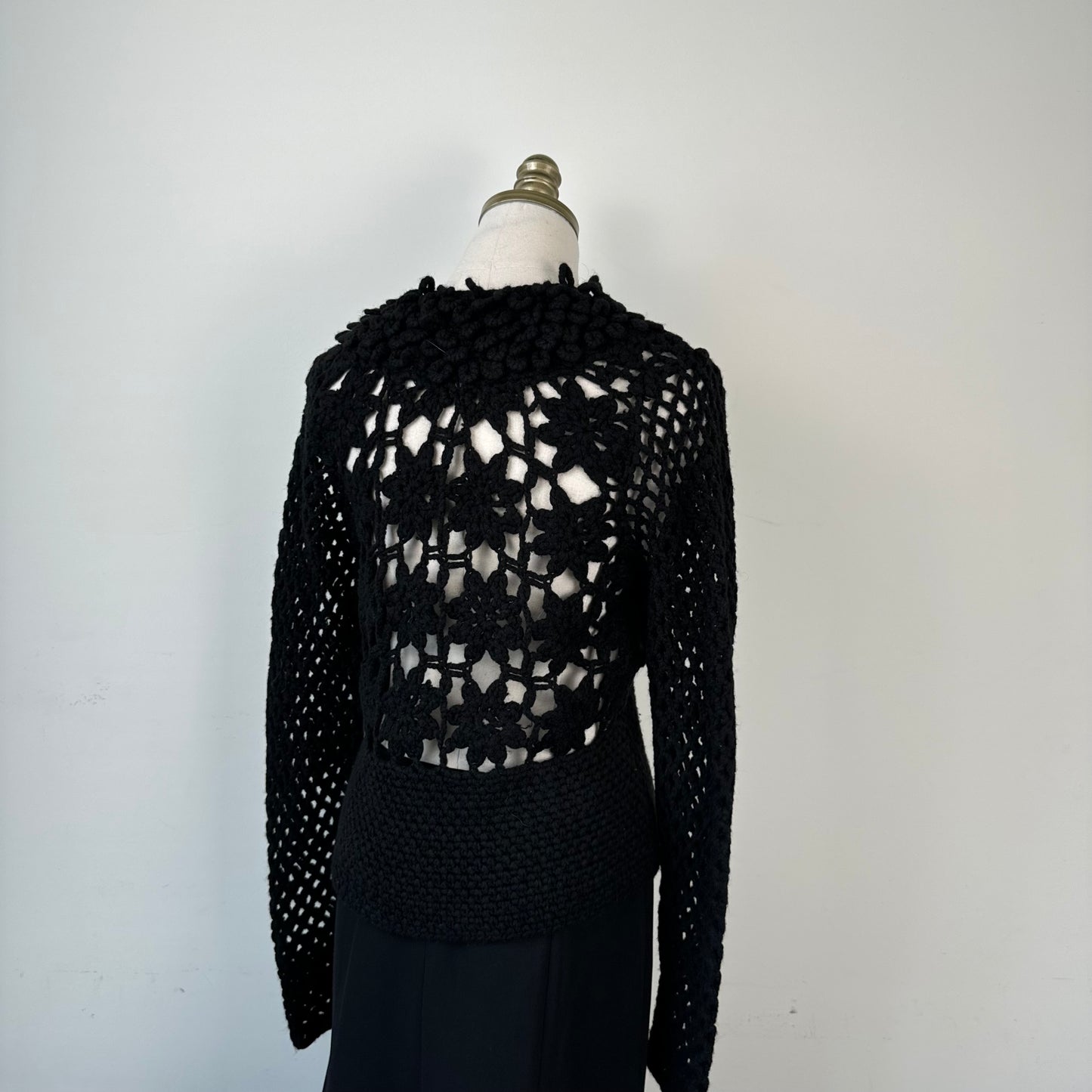 Black Open Front Mesh Crochet Sweater