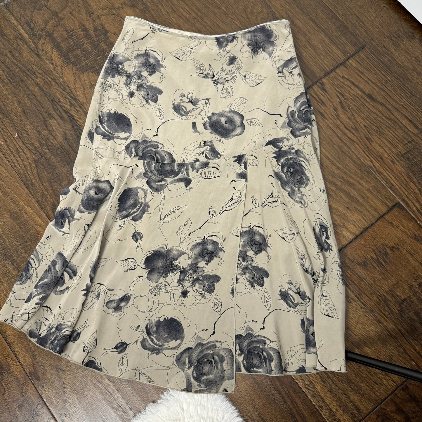 Floral Print Mesh Overlay Silk Midi Skirt