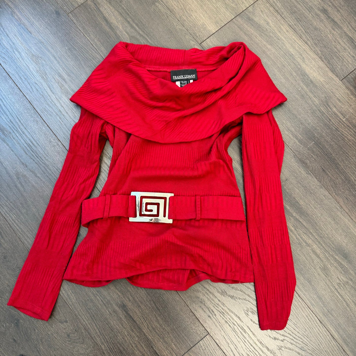 Red Off Shoulder Buckled Sweater