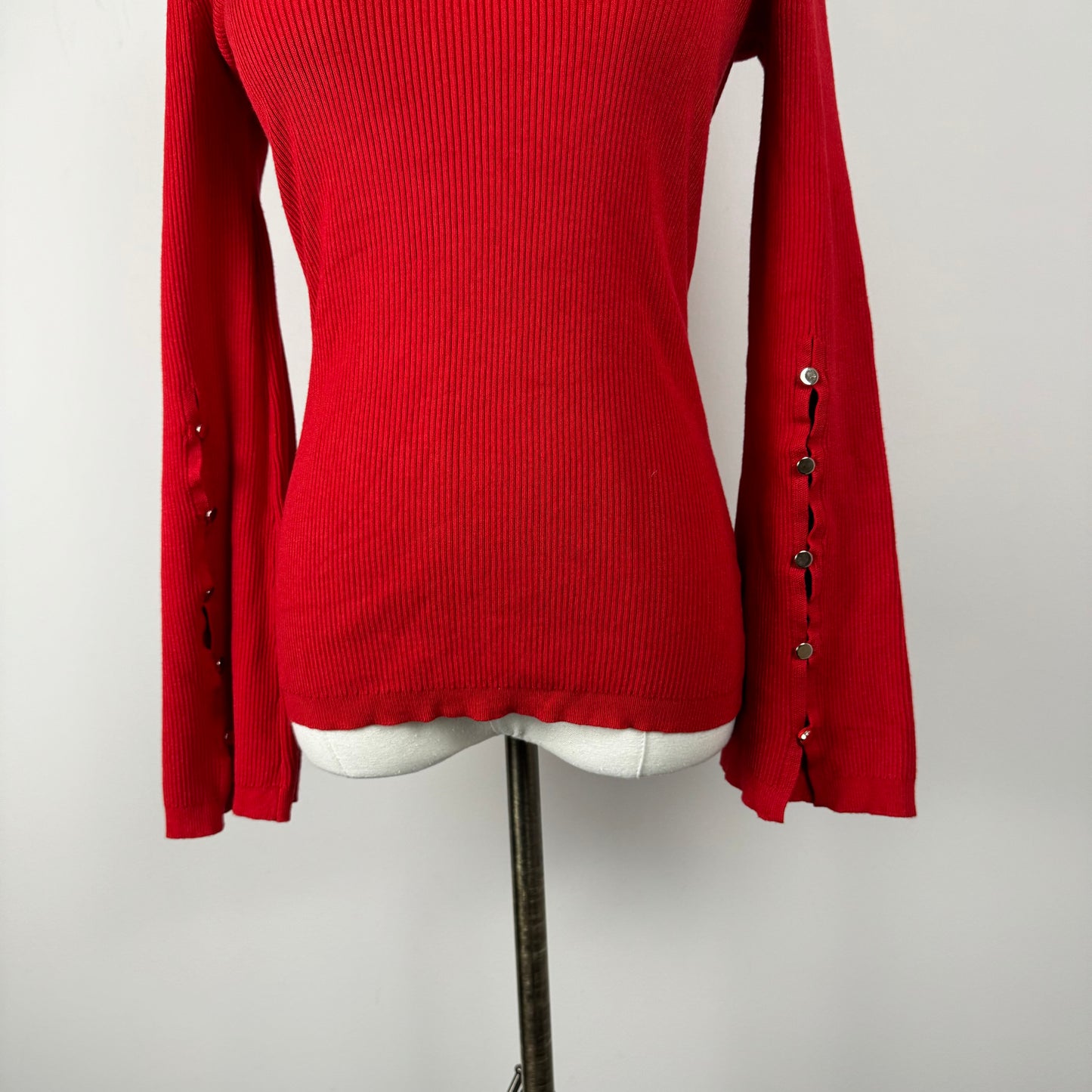 Red Fitted Ribbed Sweater with Bell Sleeves