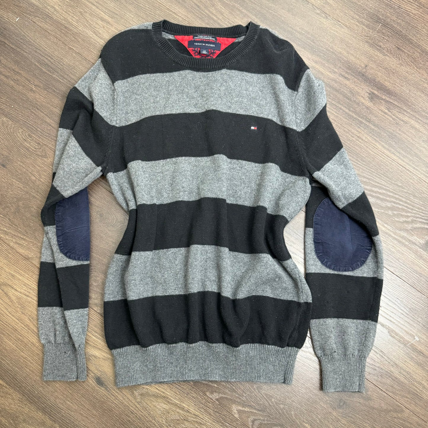 Tommy Black and Grey Striped Crewneck Sweater