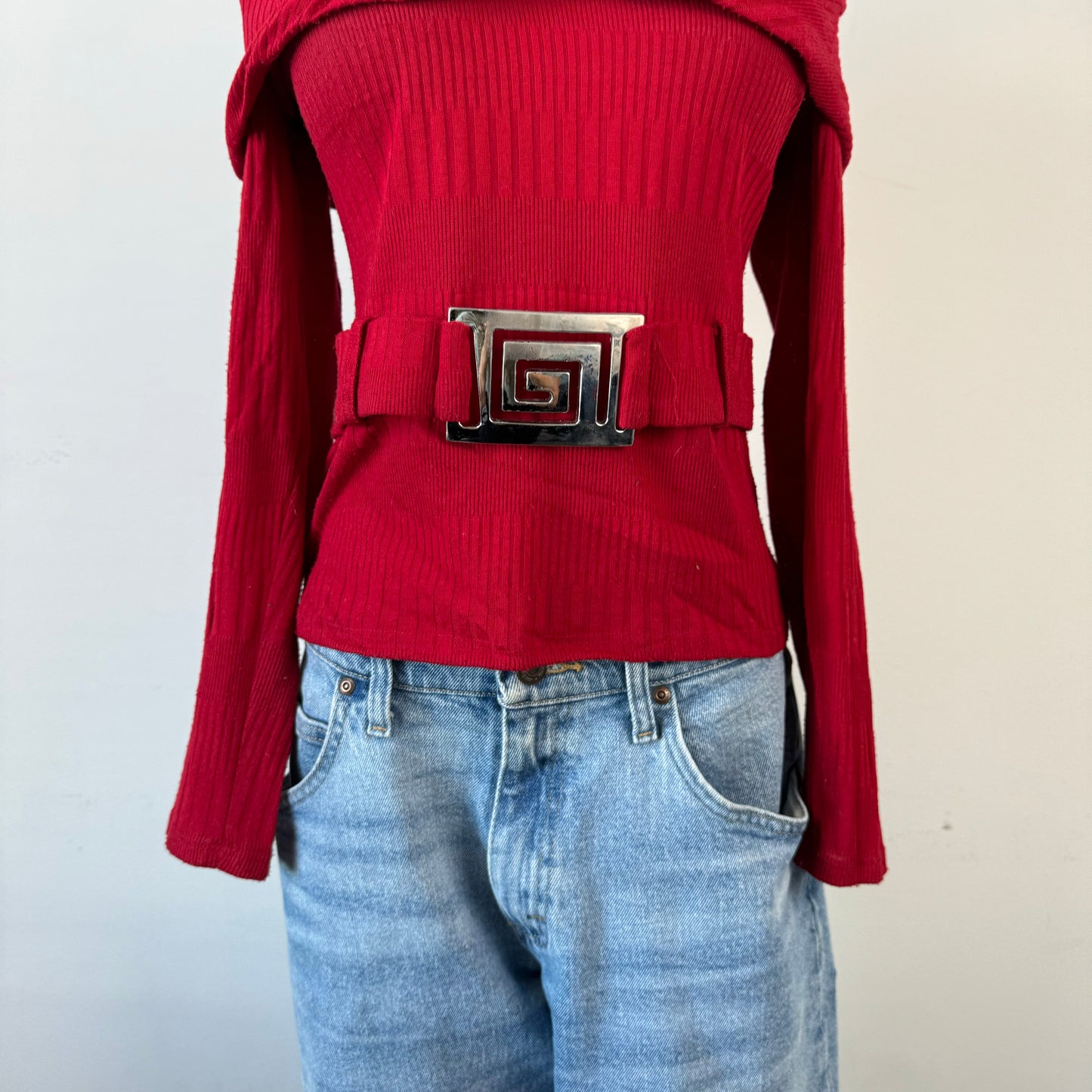 Red Off Shoulder Buckled Sweater