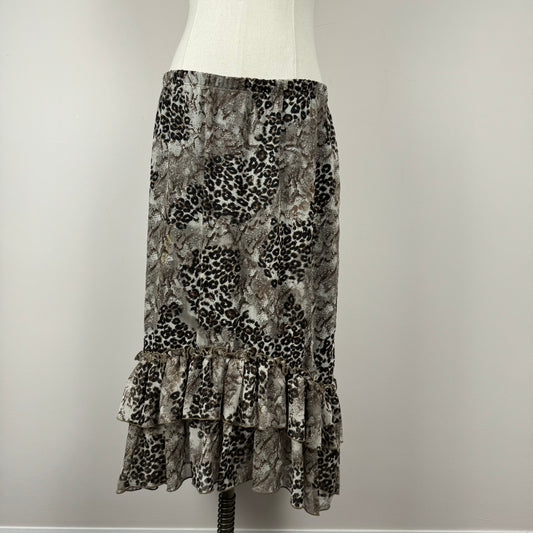 Mesh Overlay Leopard Print Ruffled Midi Skirt