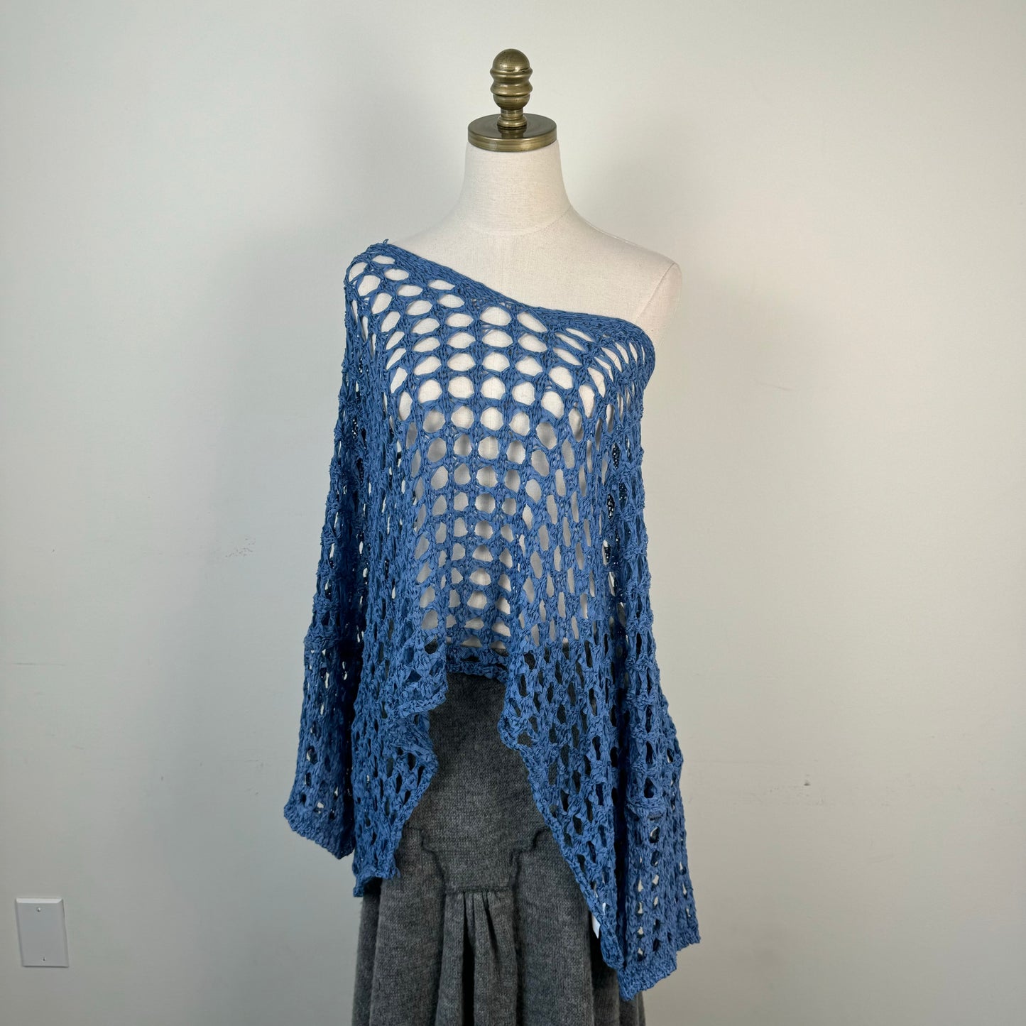 Blue Crochet Off Shoulder Shrug Sweater