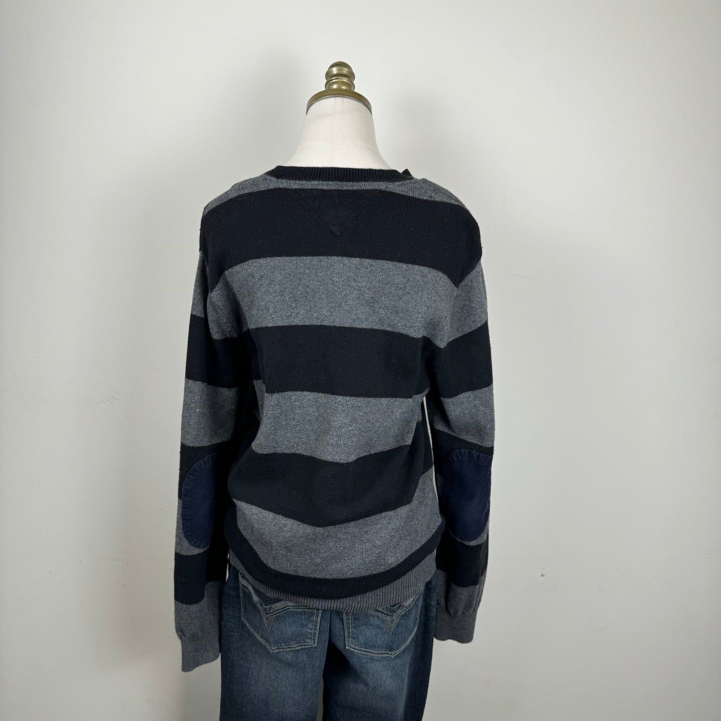 Tommy Black and Grey Striped Crewneck Sweater