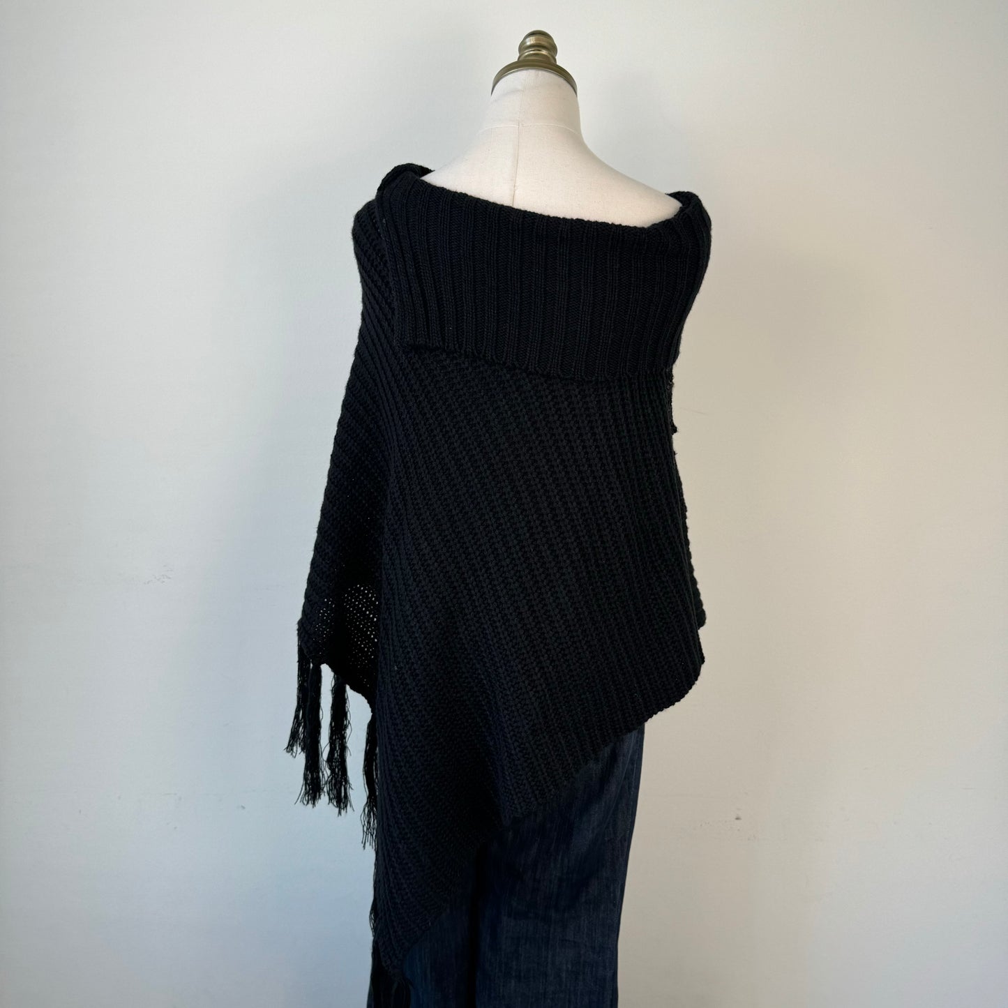 Black Knit Poncho with Brown Buttons