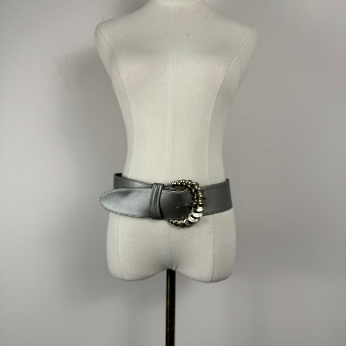 Grey Chunky Silver Buckle Statement Belt