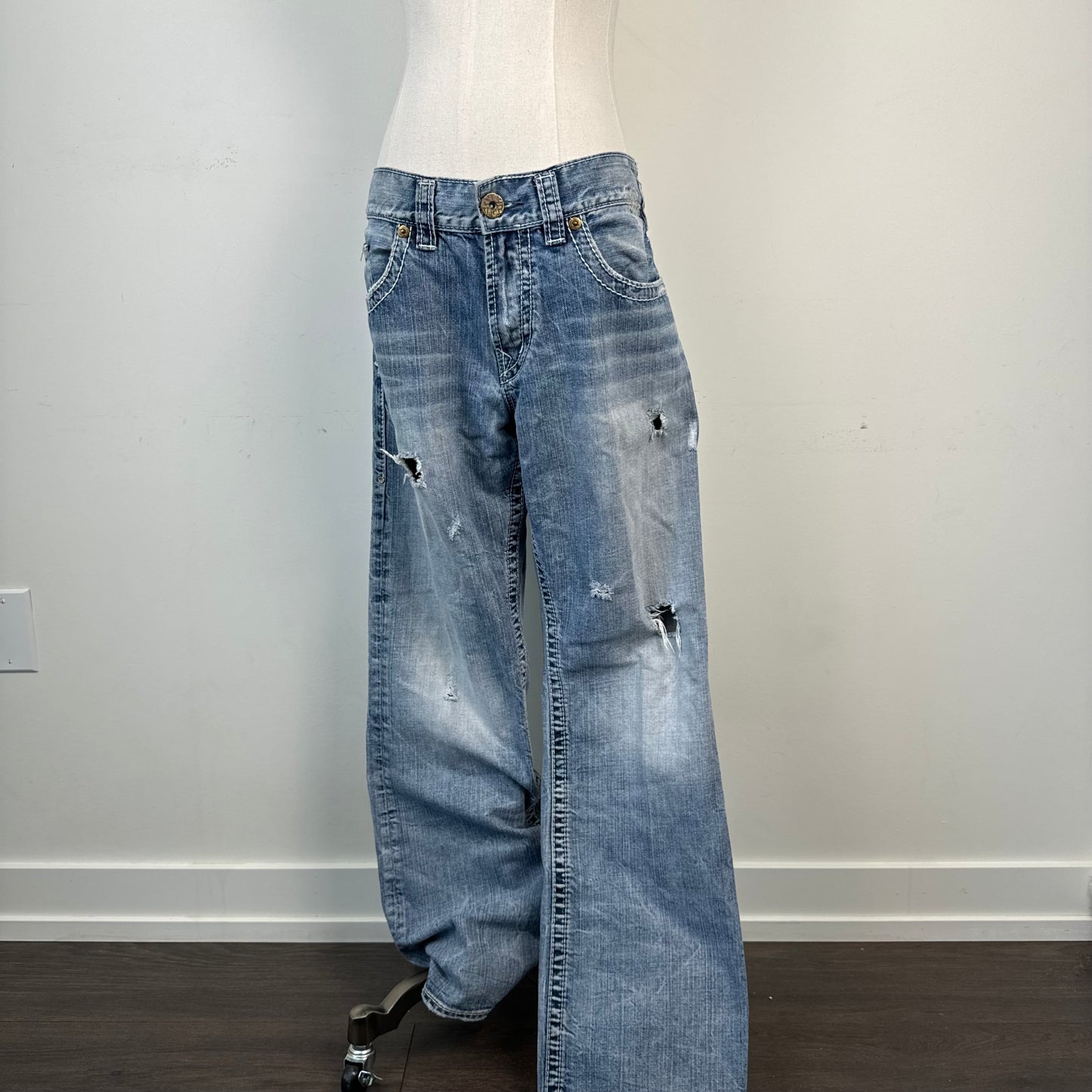 Silver Faded Low Rise Straight Cut Distressed Jeans