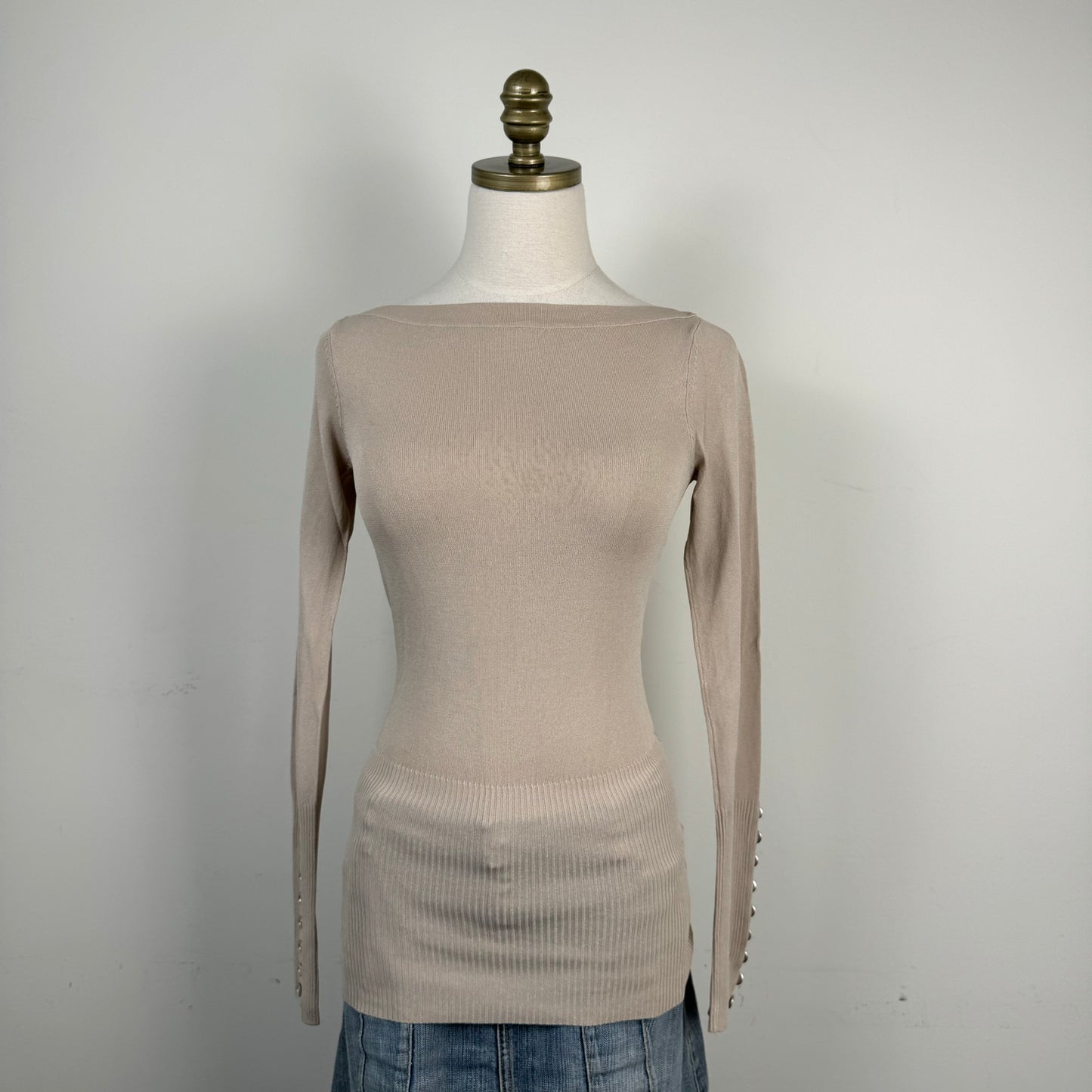 Beige Boat Neck Fitted Long Sleeve Knit Top