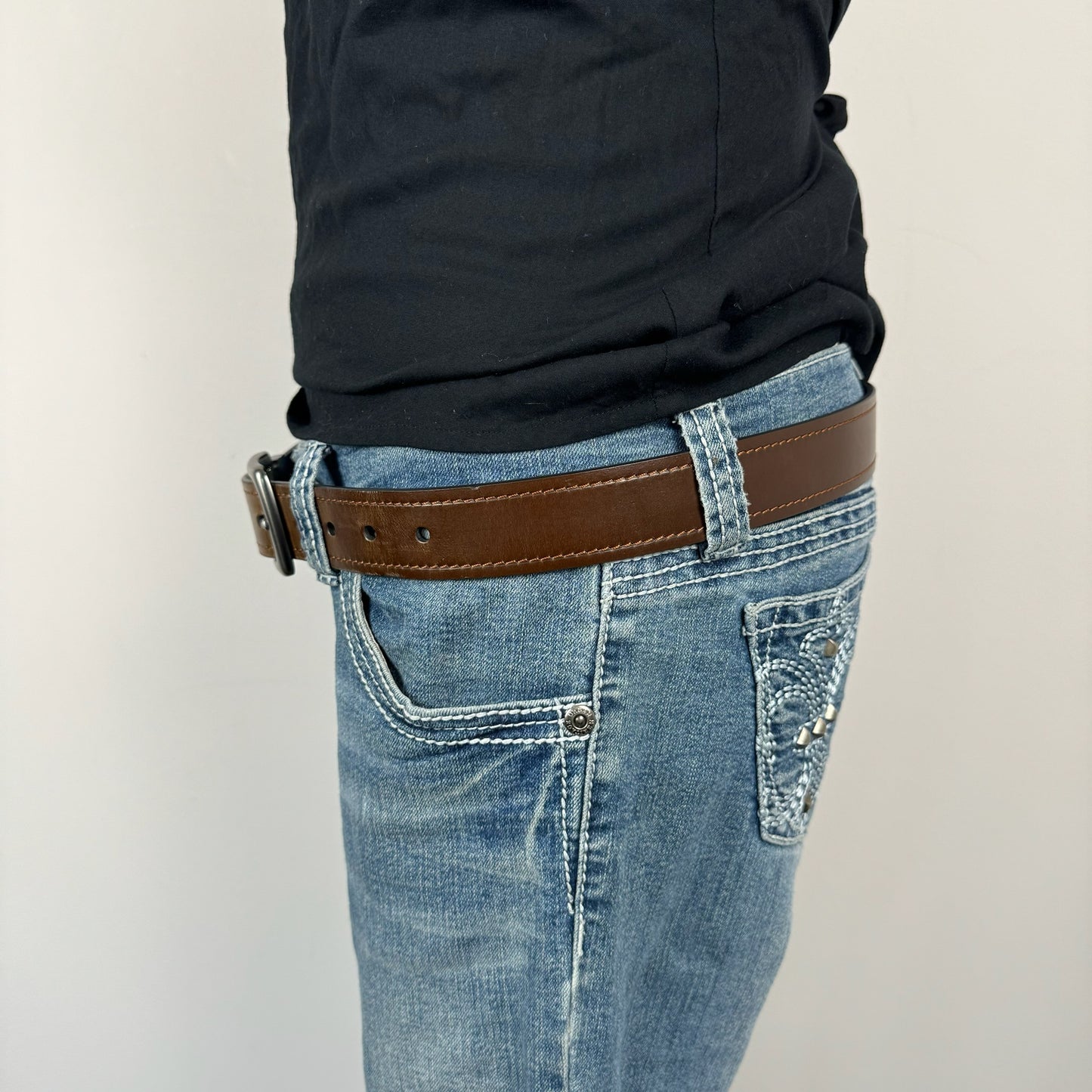 Chunky Brown Faded Silver Buckle Leather Belt