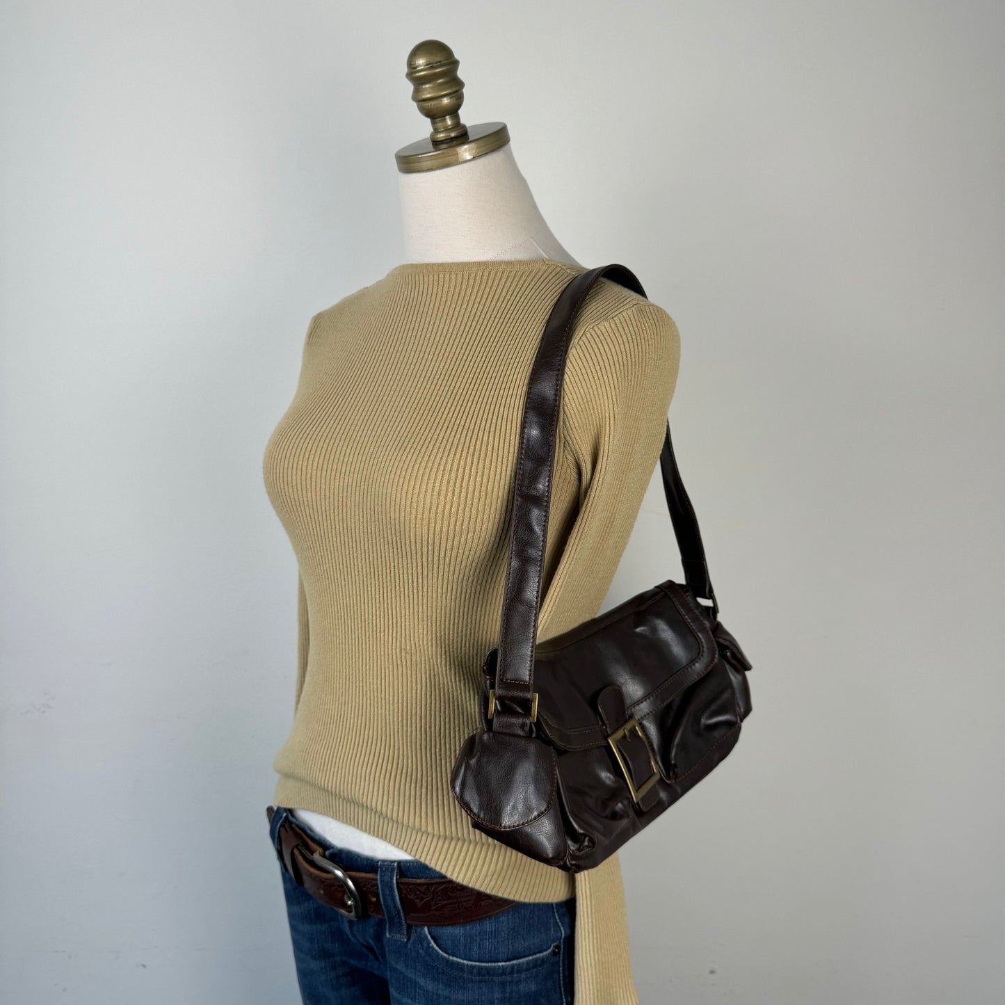 Brown Mini Shoulder Bag with Gold Buckle