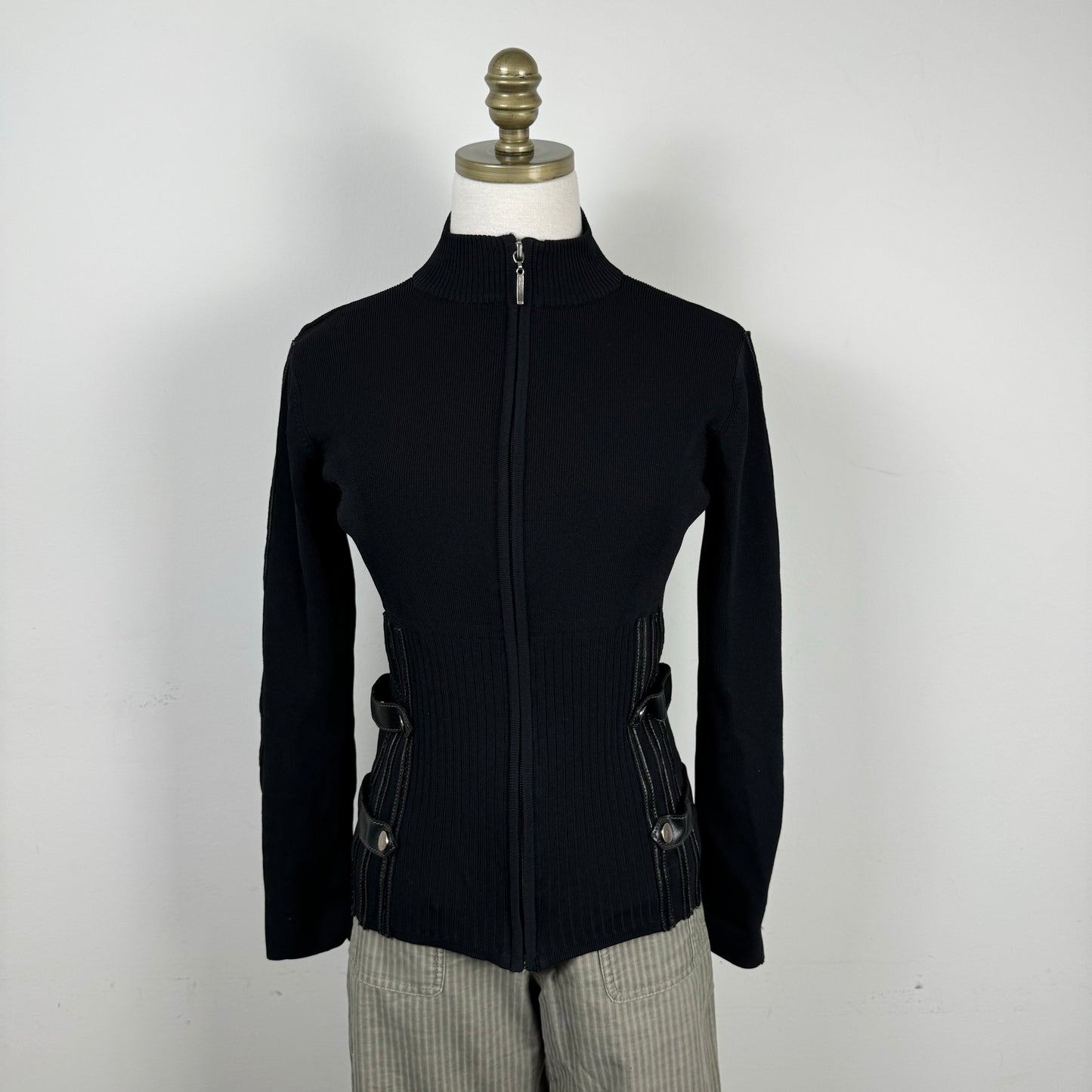 Black Fitted Zip Up Sweater Buckle Detail